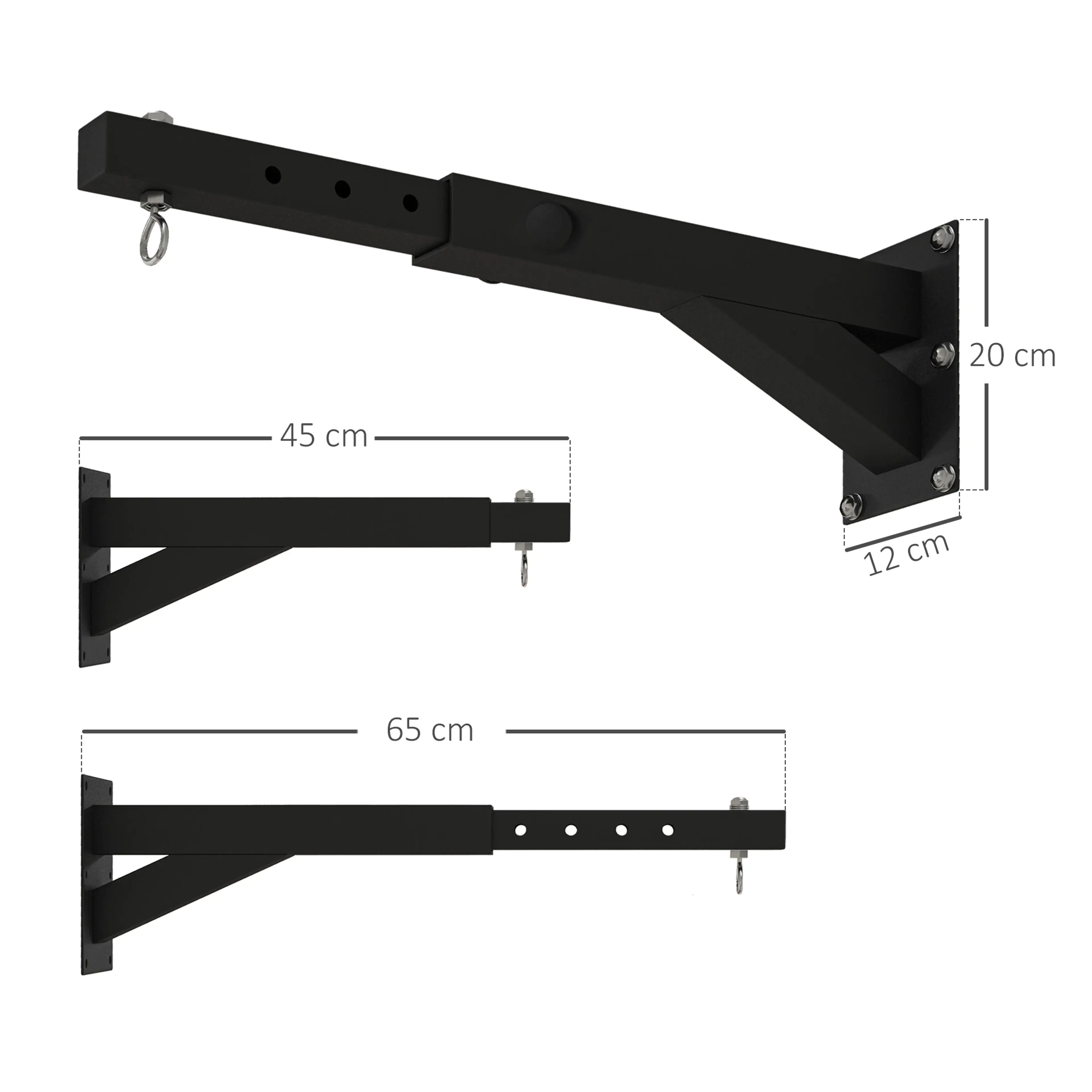 Måttbild: armen kan dras ut från 45 till 65 cm, och fästplattan är 12 cm bred och 20 cm hög