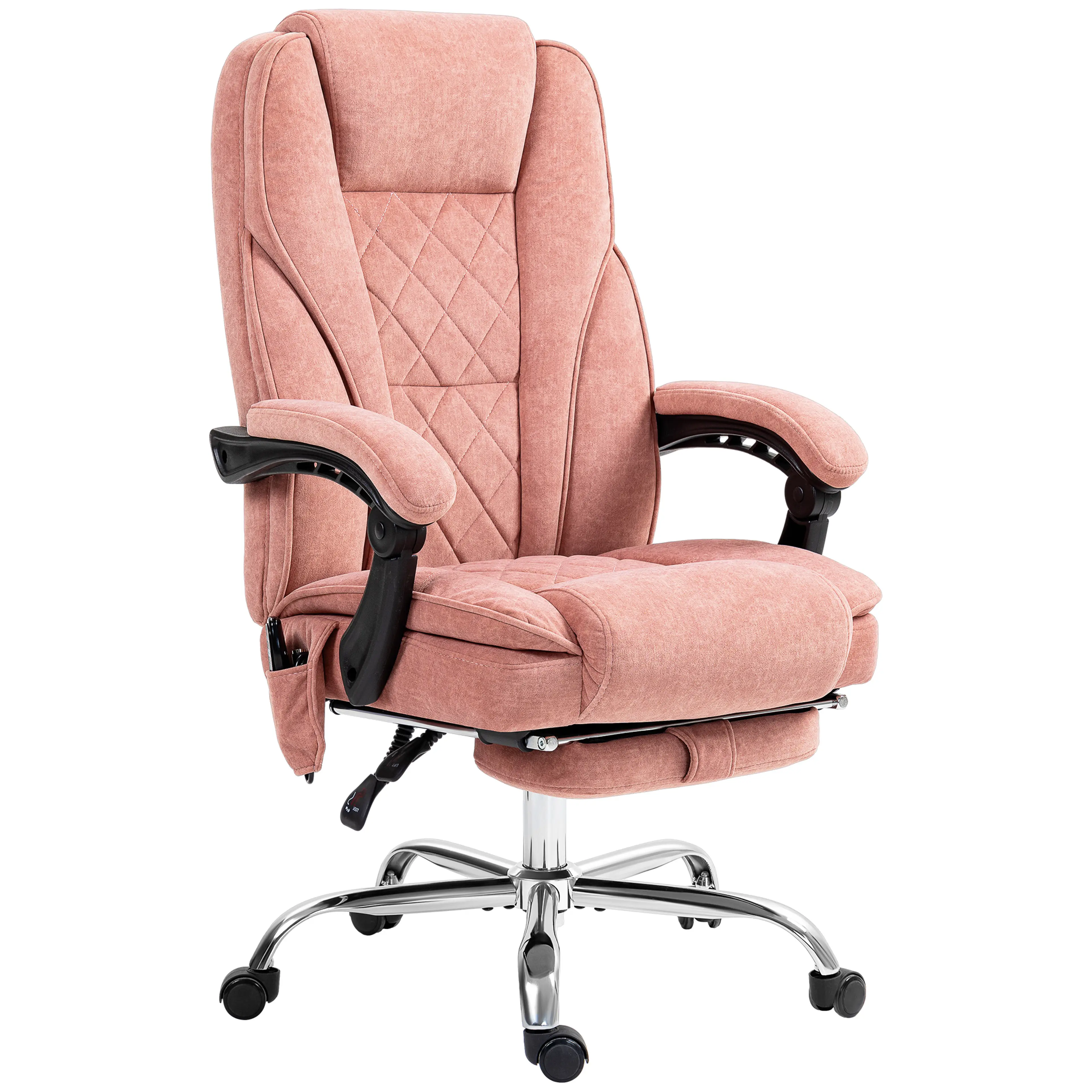 Rosa massagestol i sammetslook med rutsömmad rygg och kromad femarmad fot