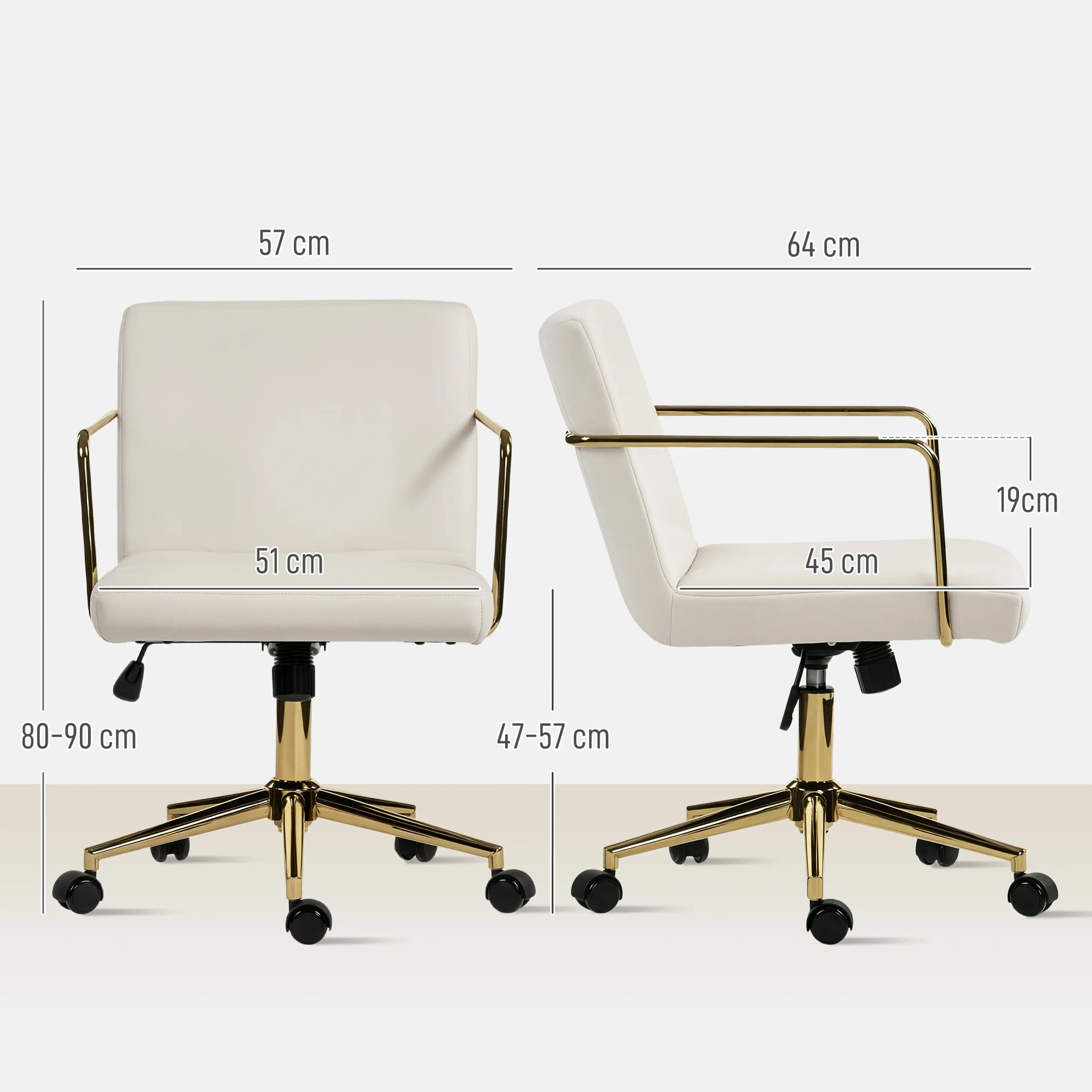 Måttritning med bredd 57 cm, djup 64 cm, höjd 80–90 cm och sitthöjd 47–57 cm