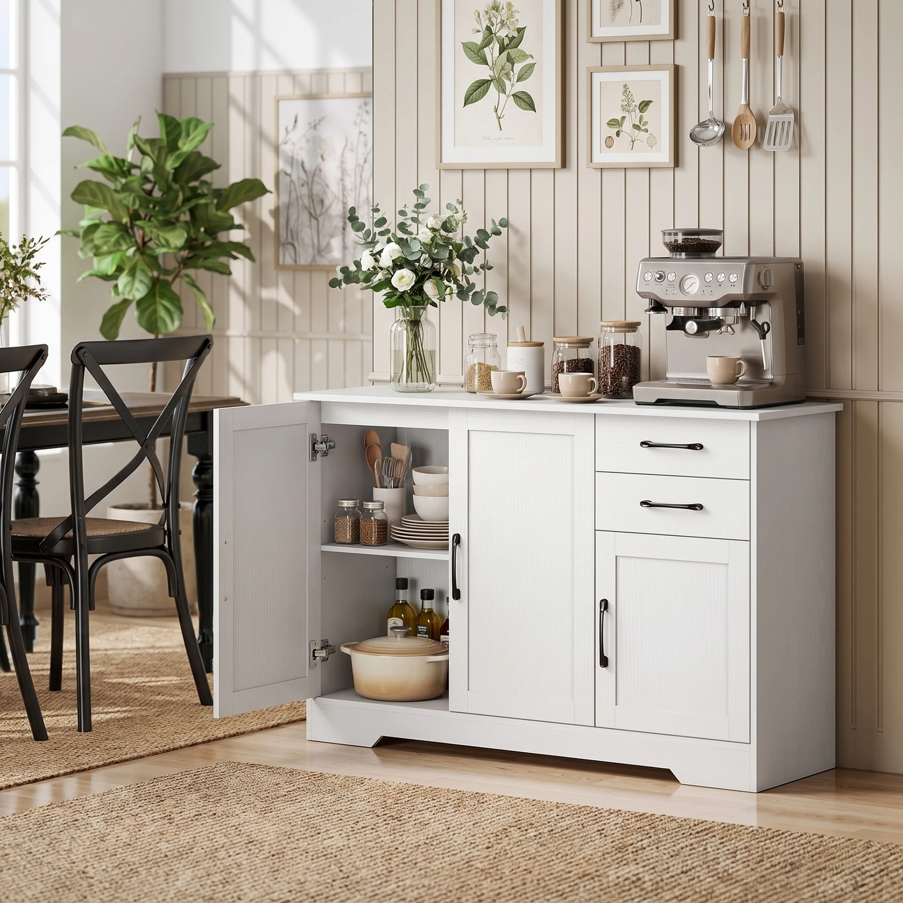 Vitt sideboard med ena dörren öppen mot tallrikar och grytor och en espressomaskin ovanpå, bredvid ett matbord