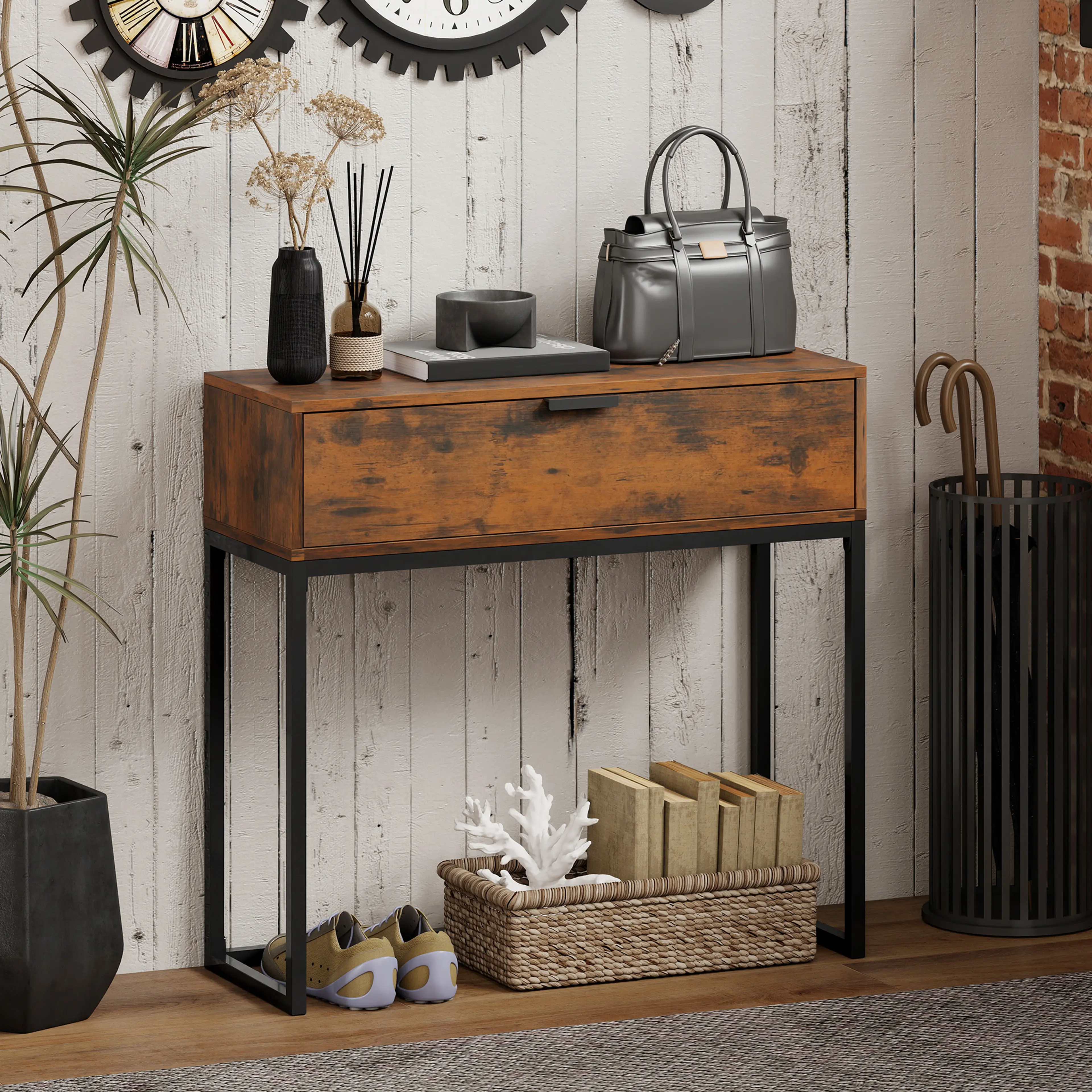 Konsolbord med låda 80 cm, rustik brun – bild 2