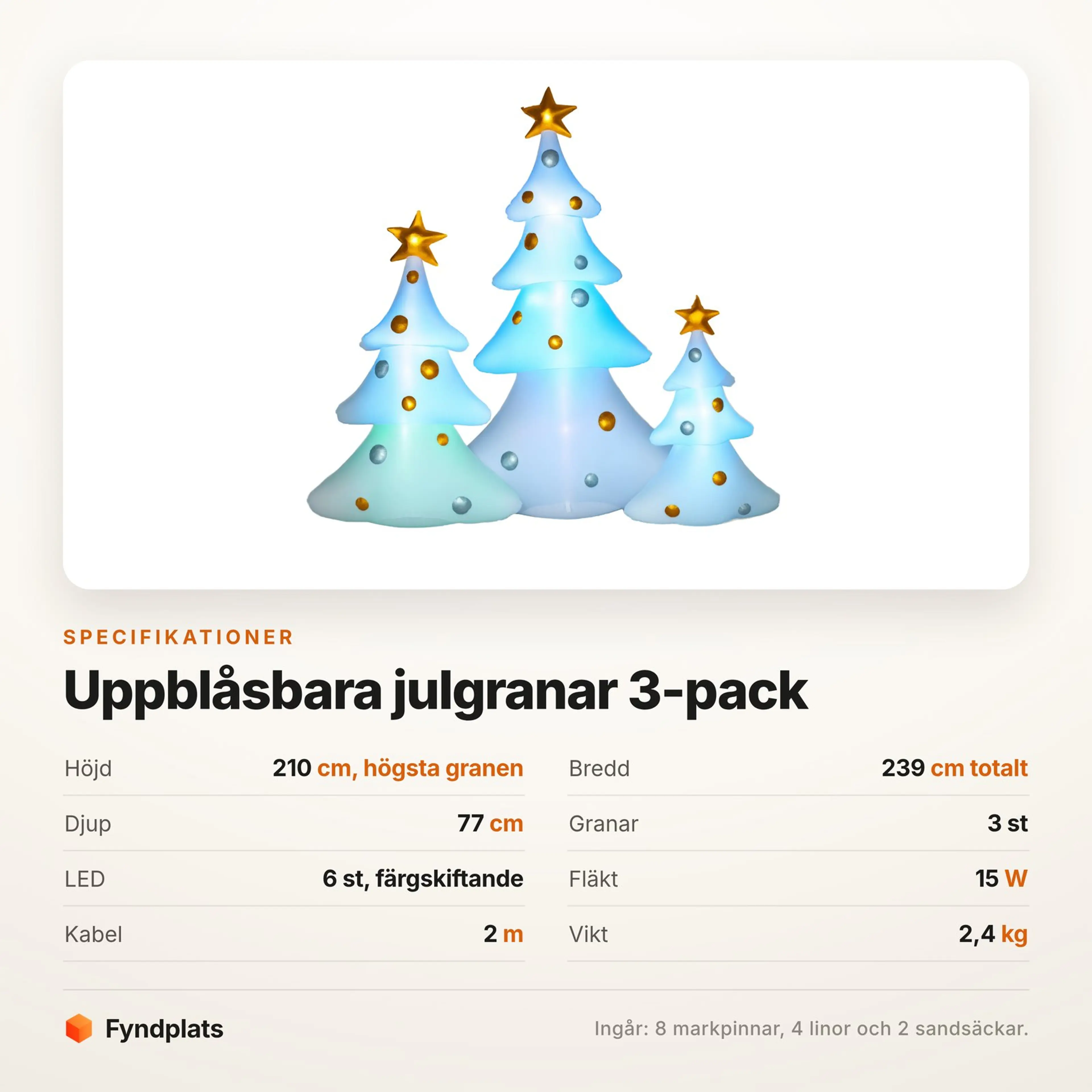 Specifikationskort för uppblåsbara julgranar 3-pack: 210 cm högsta granen, 239 cm bredd, 6 LED