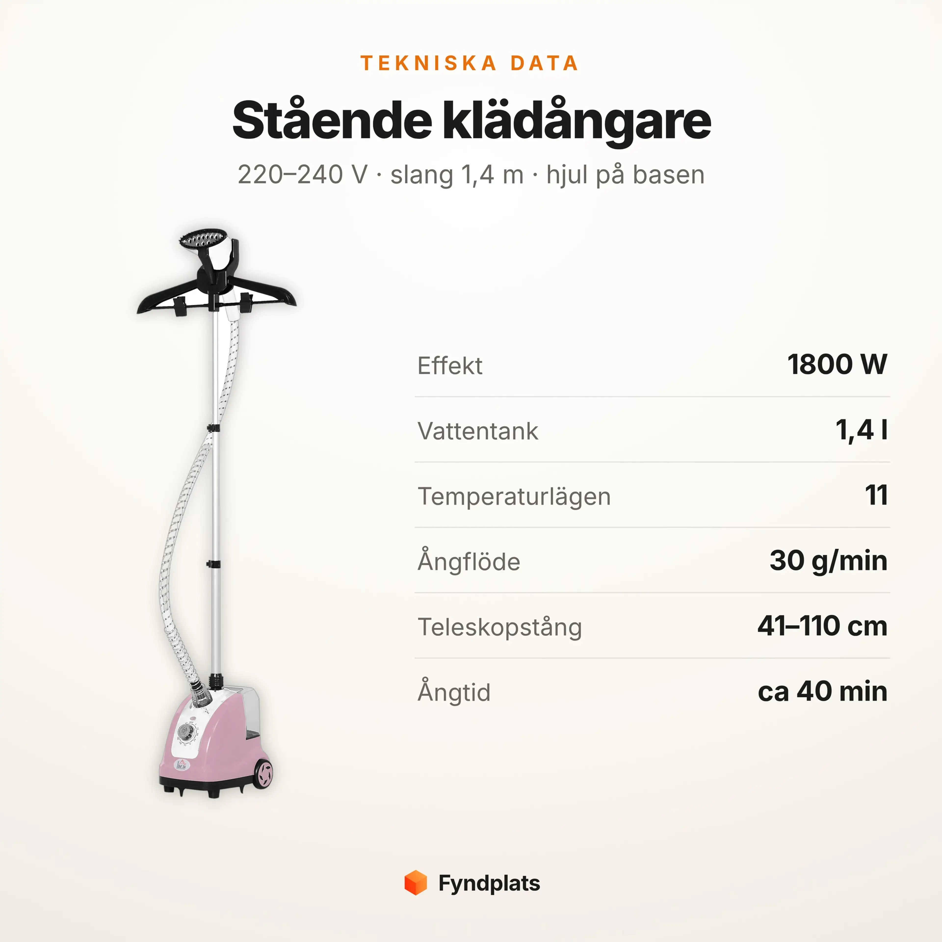 Tekniska data för den stående klädångaren: 1800 W, 1,4 liter tank och 11 temperaturlägen