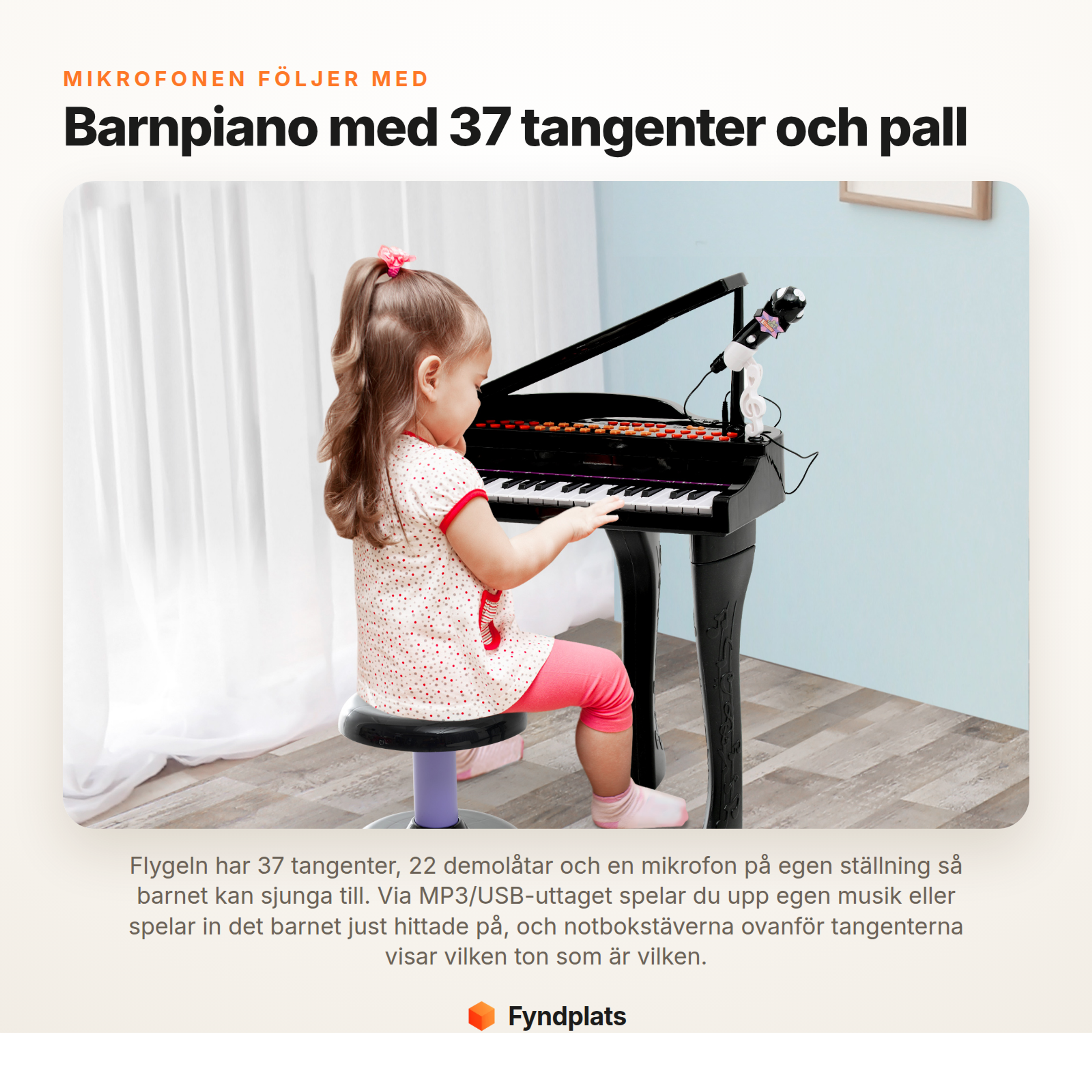 Fyndplats faktakort: barnpiano med 37 tangenter, 22 demolåtar, mikrofon och pall