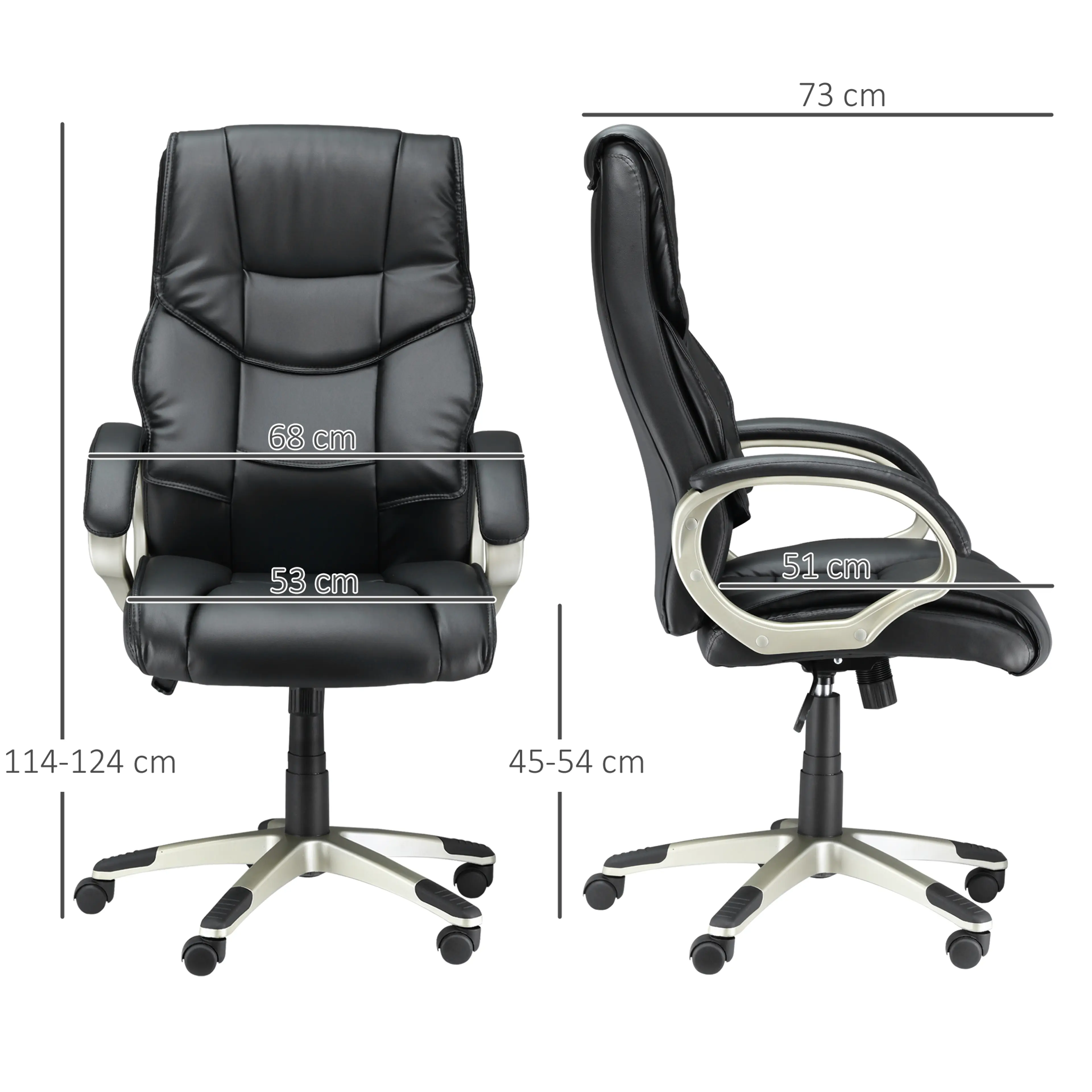 Måttritning med bredd 73 cm, höjd 114–124 cm, sits 53 cm och sitthöjd 45–54 cm