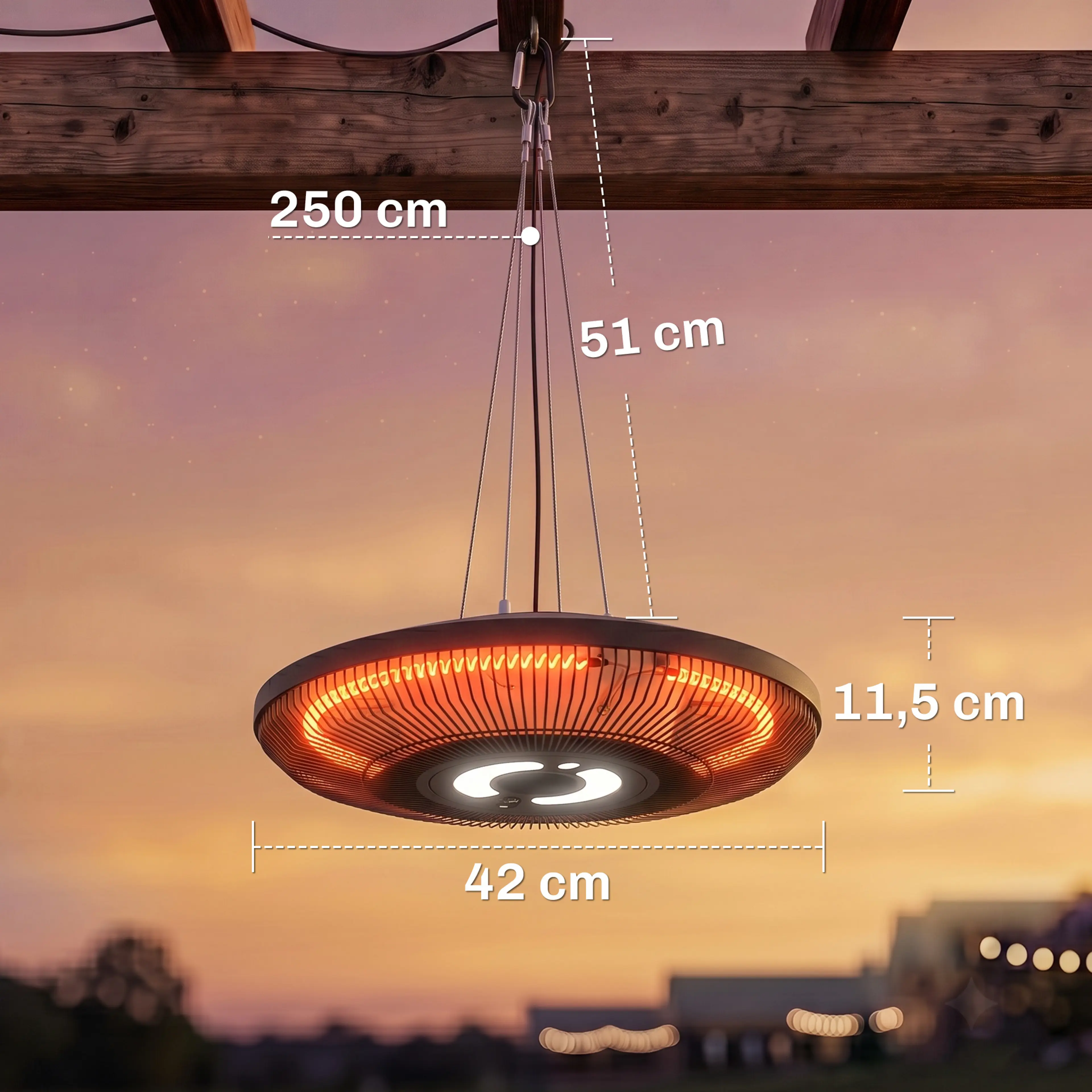 Måttritning över takvärmaren med diameter 42 cm, höjd 11,5 cm, kedja 51 cm och kabel 250 cm