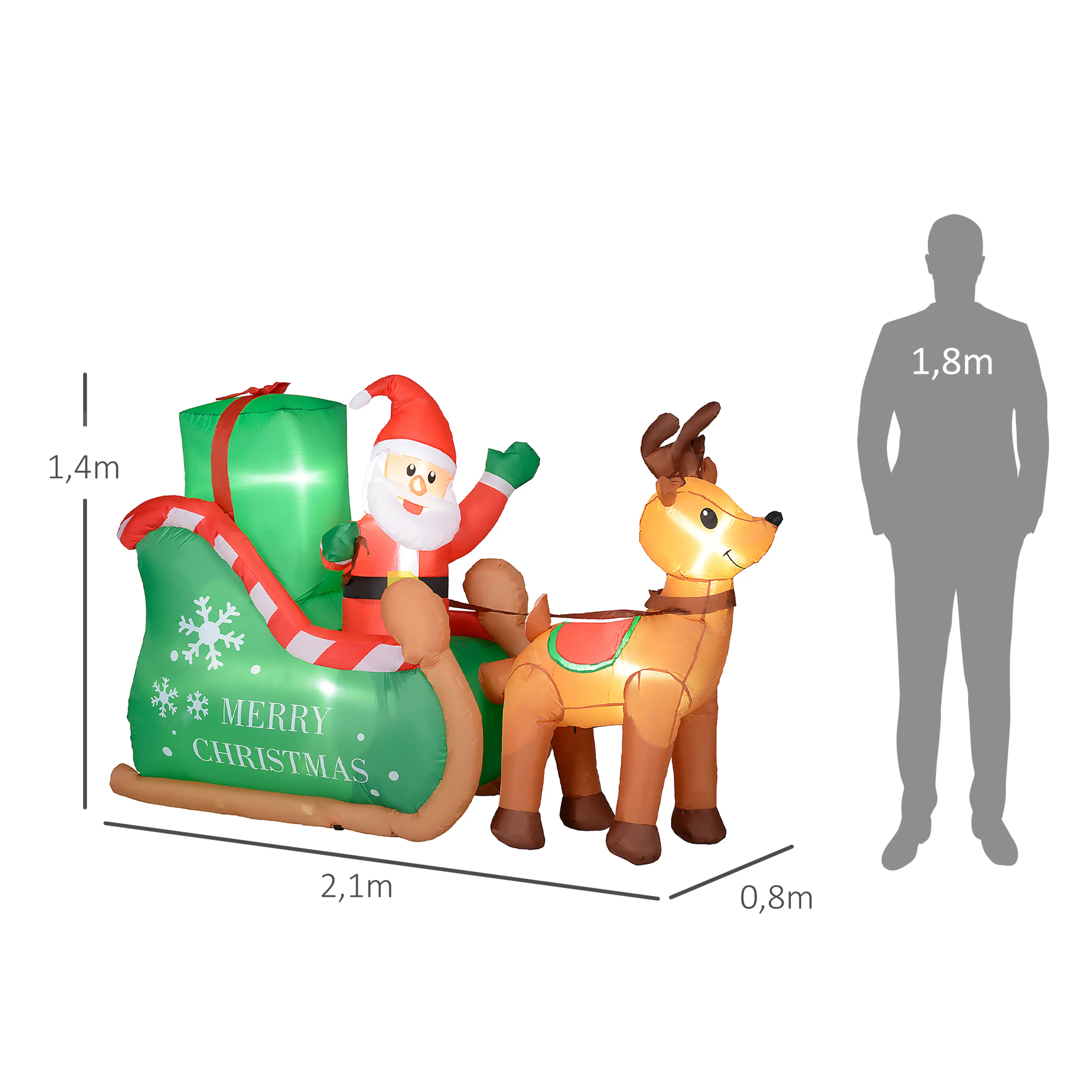 Måttbild: figuren är 210 cm lång, 80 cm djup och 140 cm hög, bredvid en siluett av en person