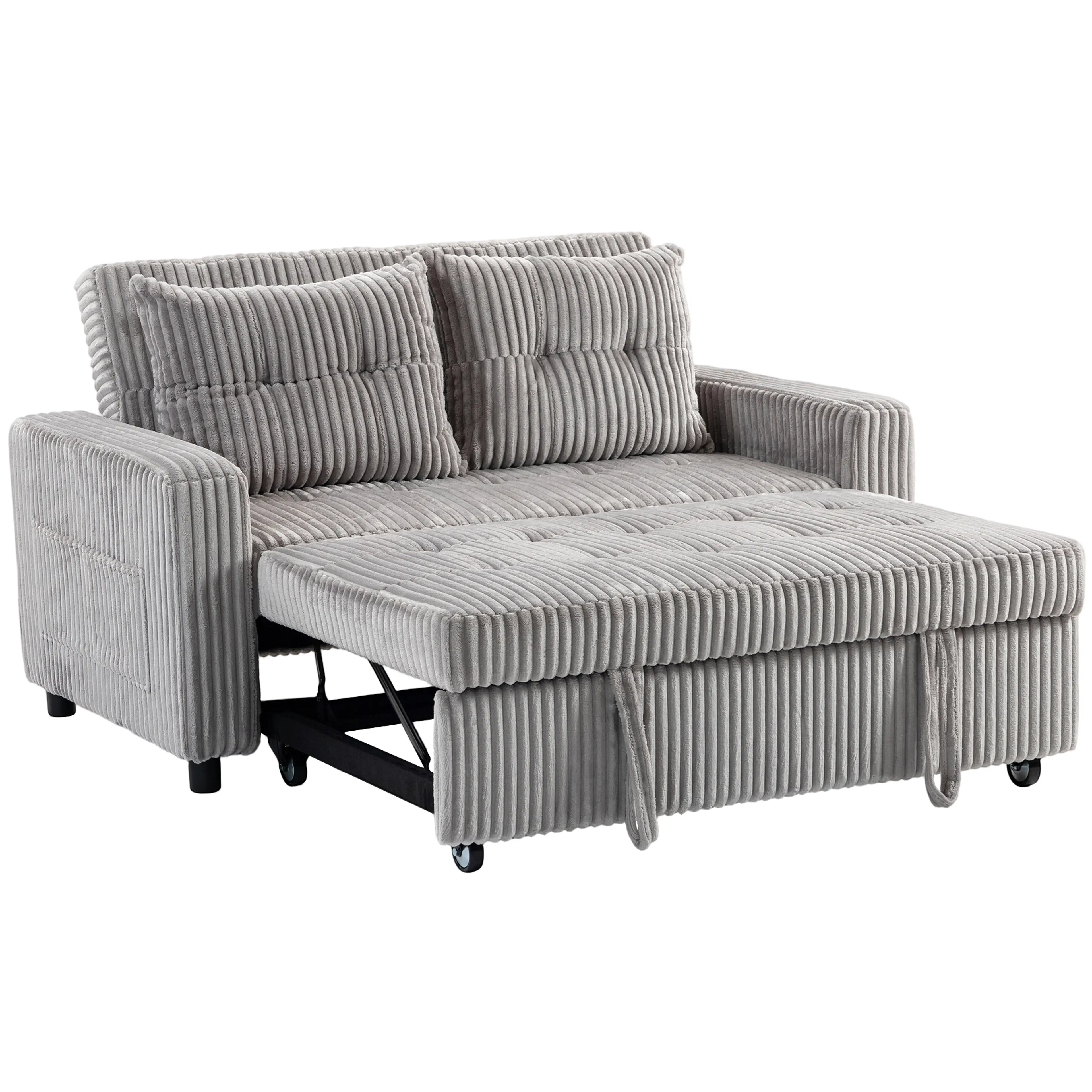 Ljusgrå sofabädd i grov manchesterlook med två stoppade ryggkuddar