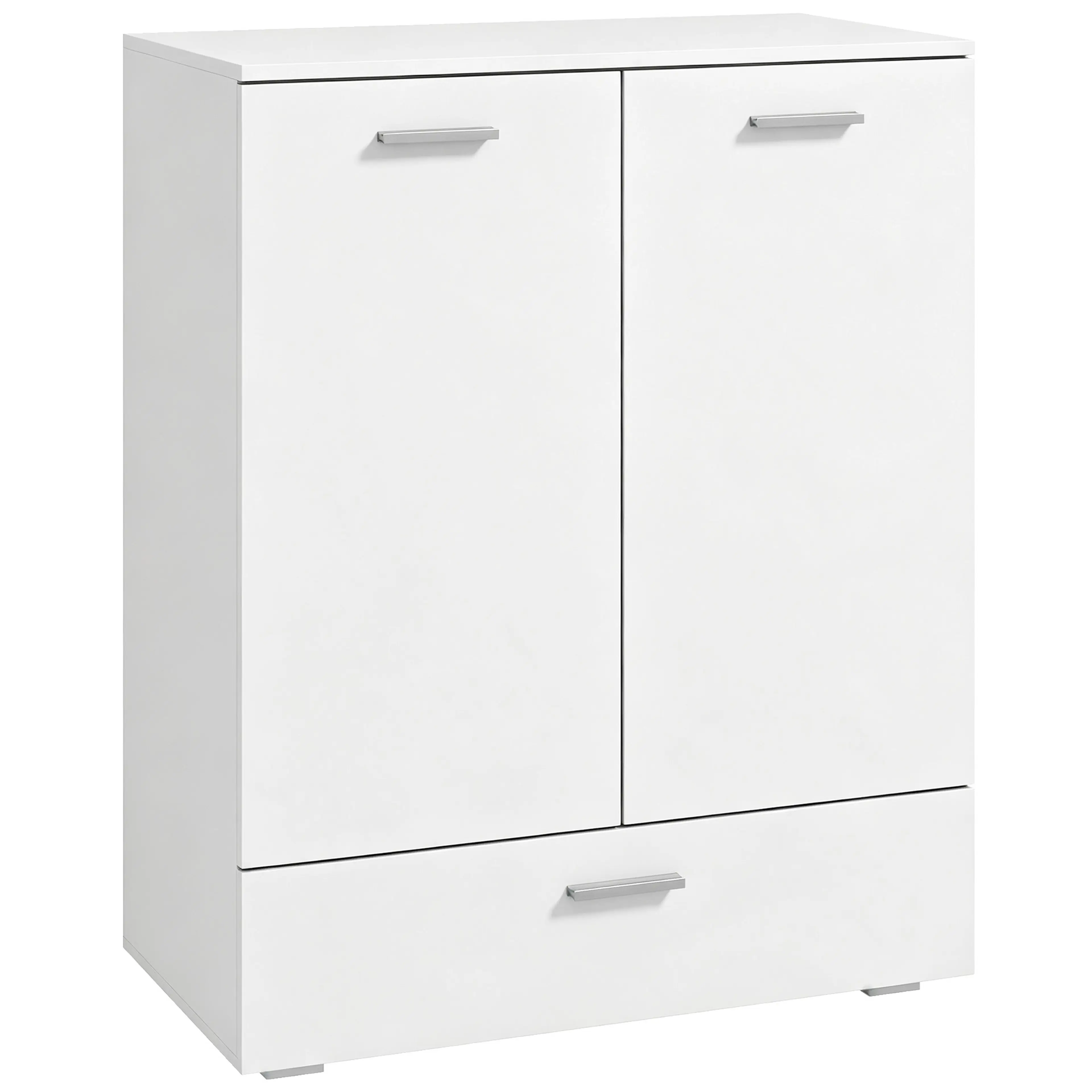 Vitt sideboard med två dörrar och en bred låda nedtill, på vit bakgrund