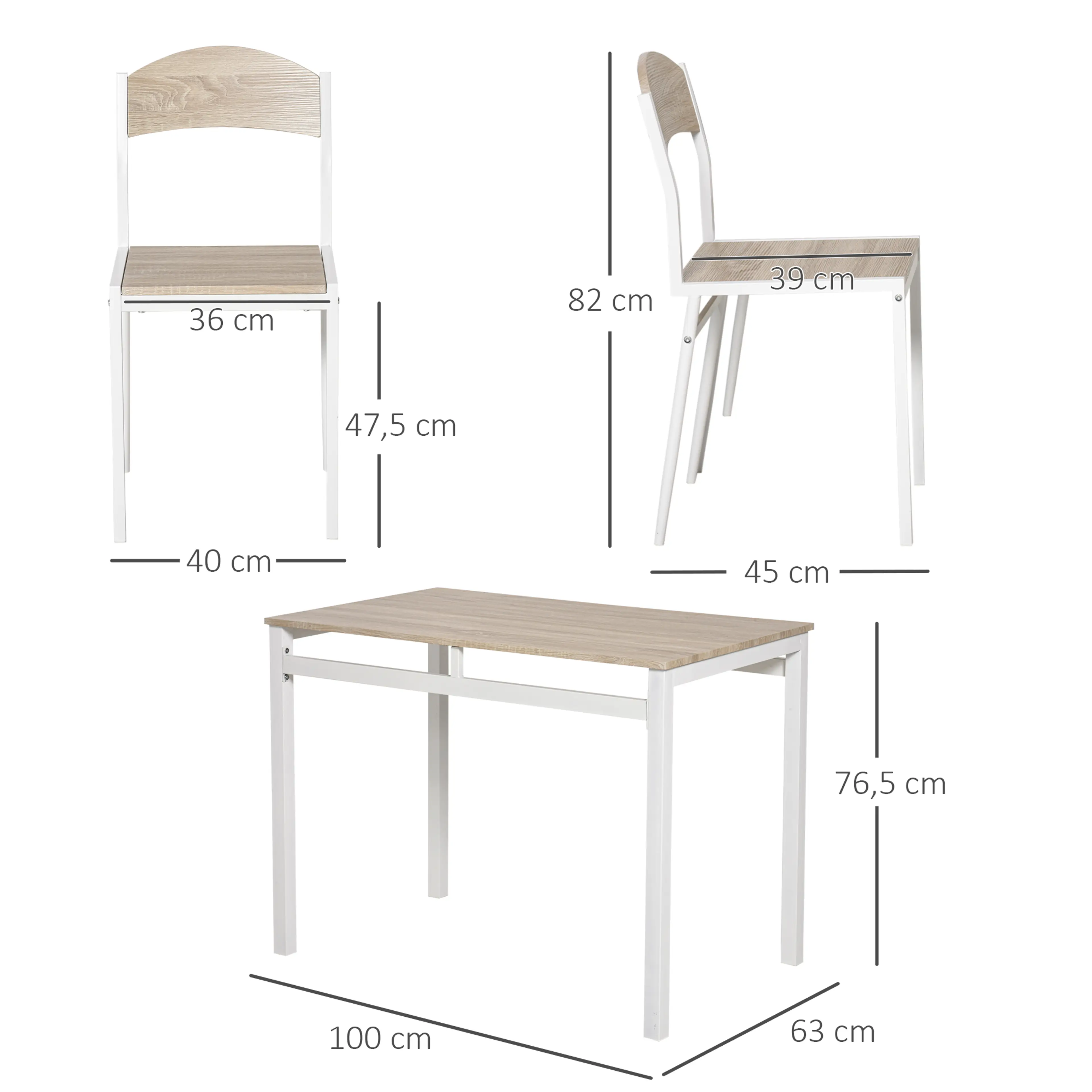 Måttbild som visar bordet 100 × 63 × 76,5 cm och stolen 40 × 45 × 82 cm