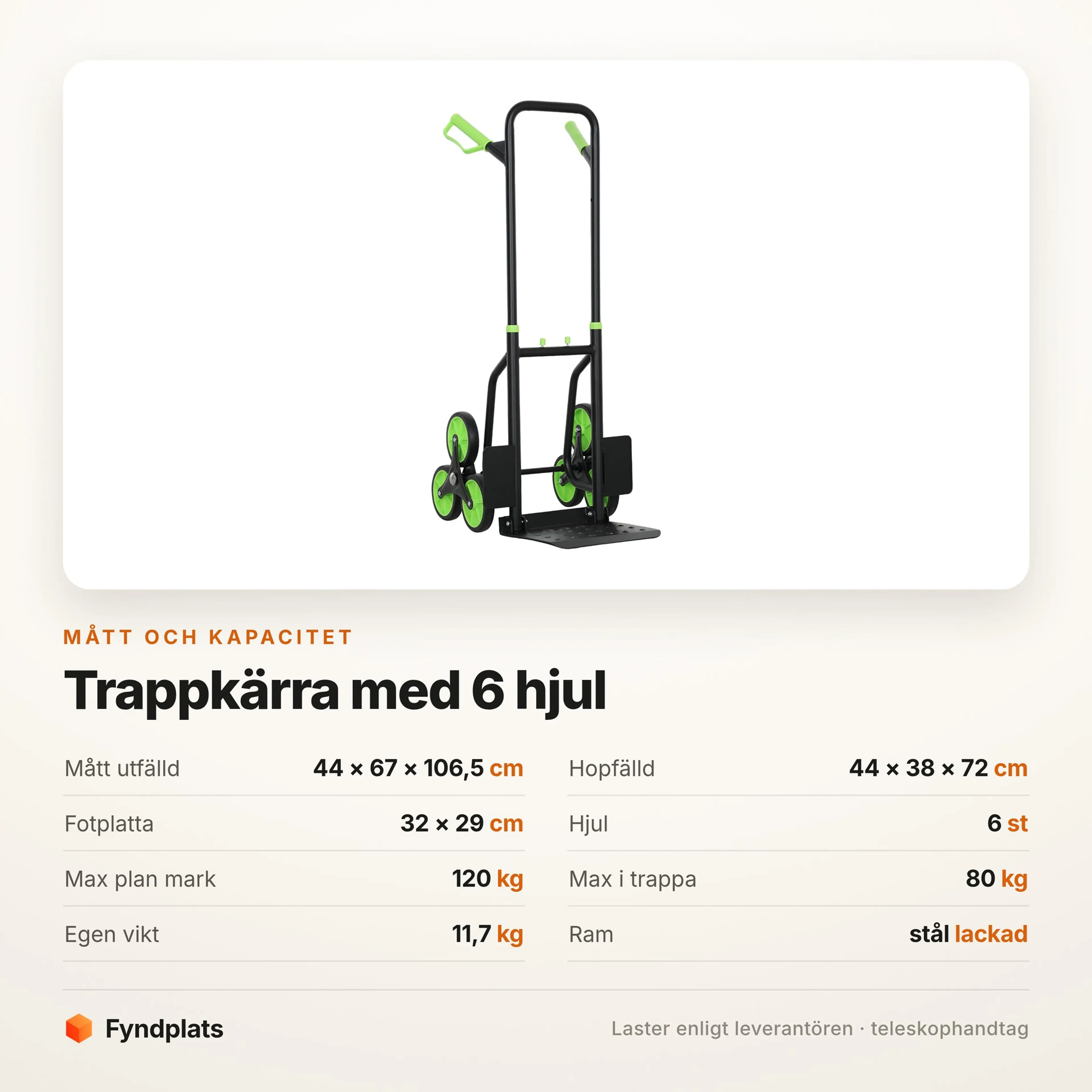 Måttabell för trappkärran: 44 × 67 × 106,5 cm och 120 kg på plan mark