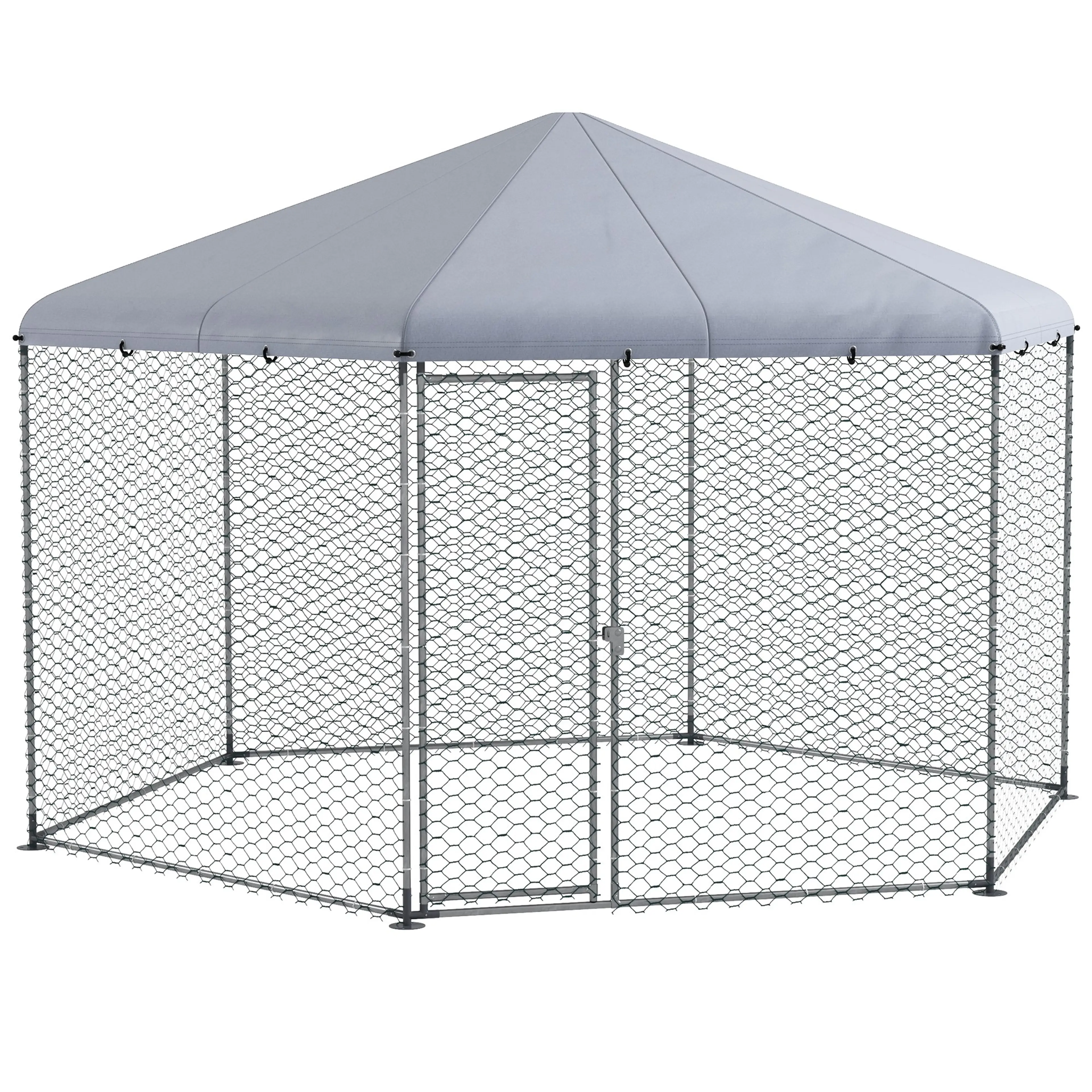 Hönsgård i stål 400 × 346 cm – 10 m² och 263 cm i nock med skuggtak