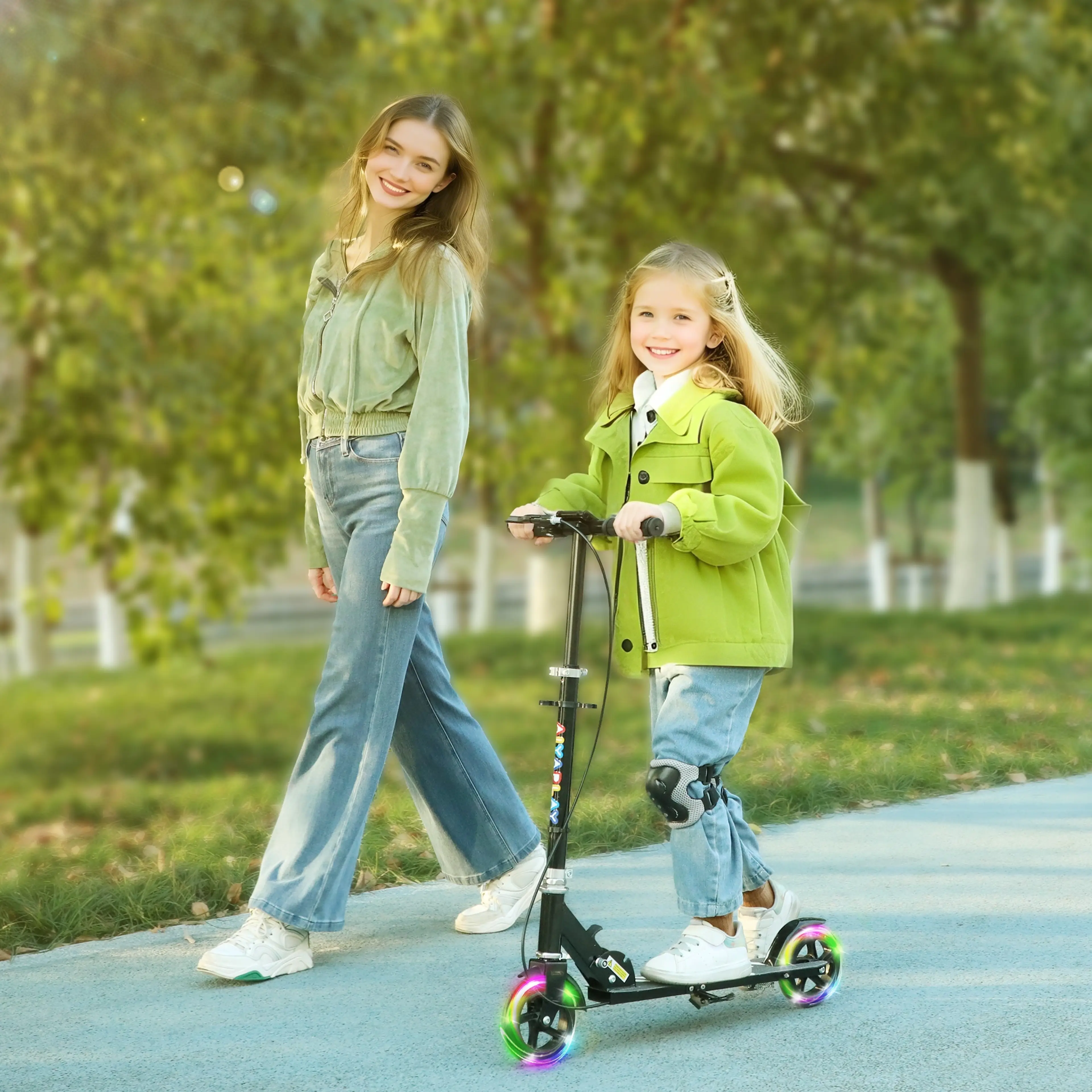 Den svarta sparkcykeln med lysande hjul på en gångväg i en park