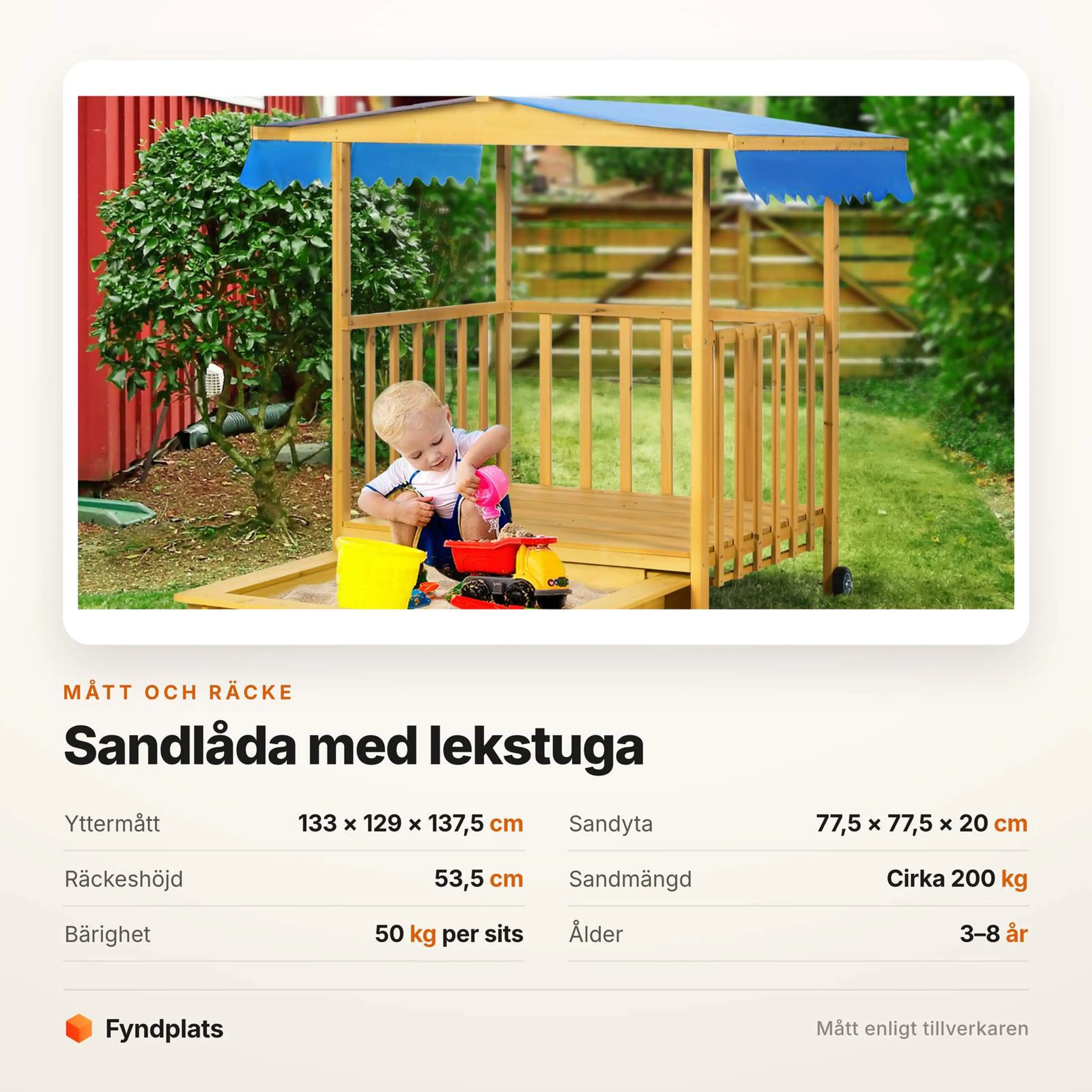 Måttkort: yttermått 133 × 129 × 137,5 cm och sandyta 77,5 × 77,5 cm