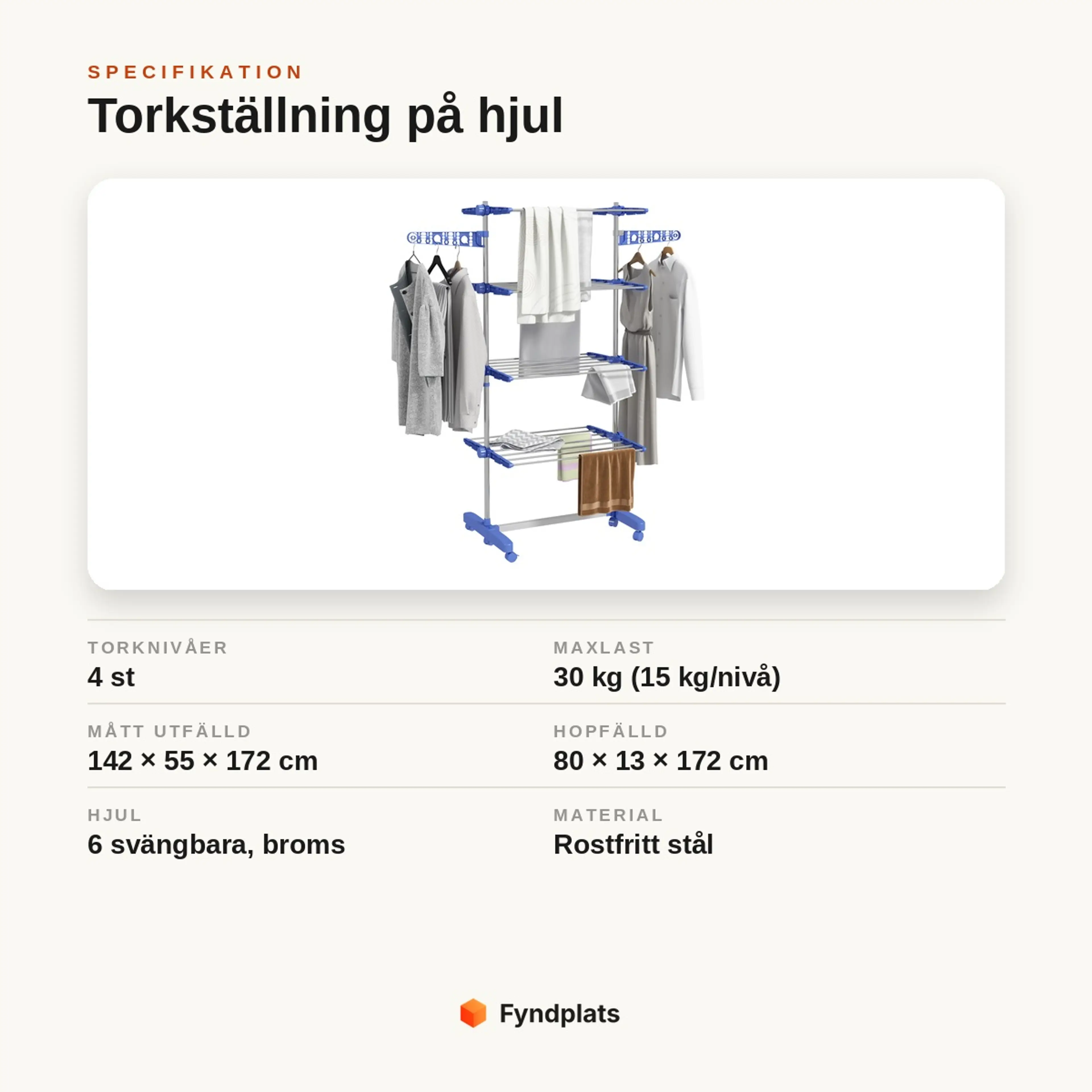 Specifikation för torkställning: 4 torknivåer, maxlast 30 kg, mått 142 × 55 × 172 cm, rostfritt stål.