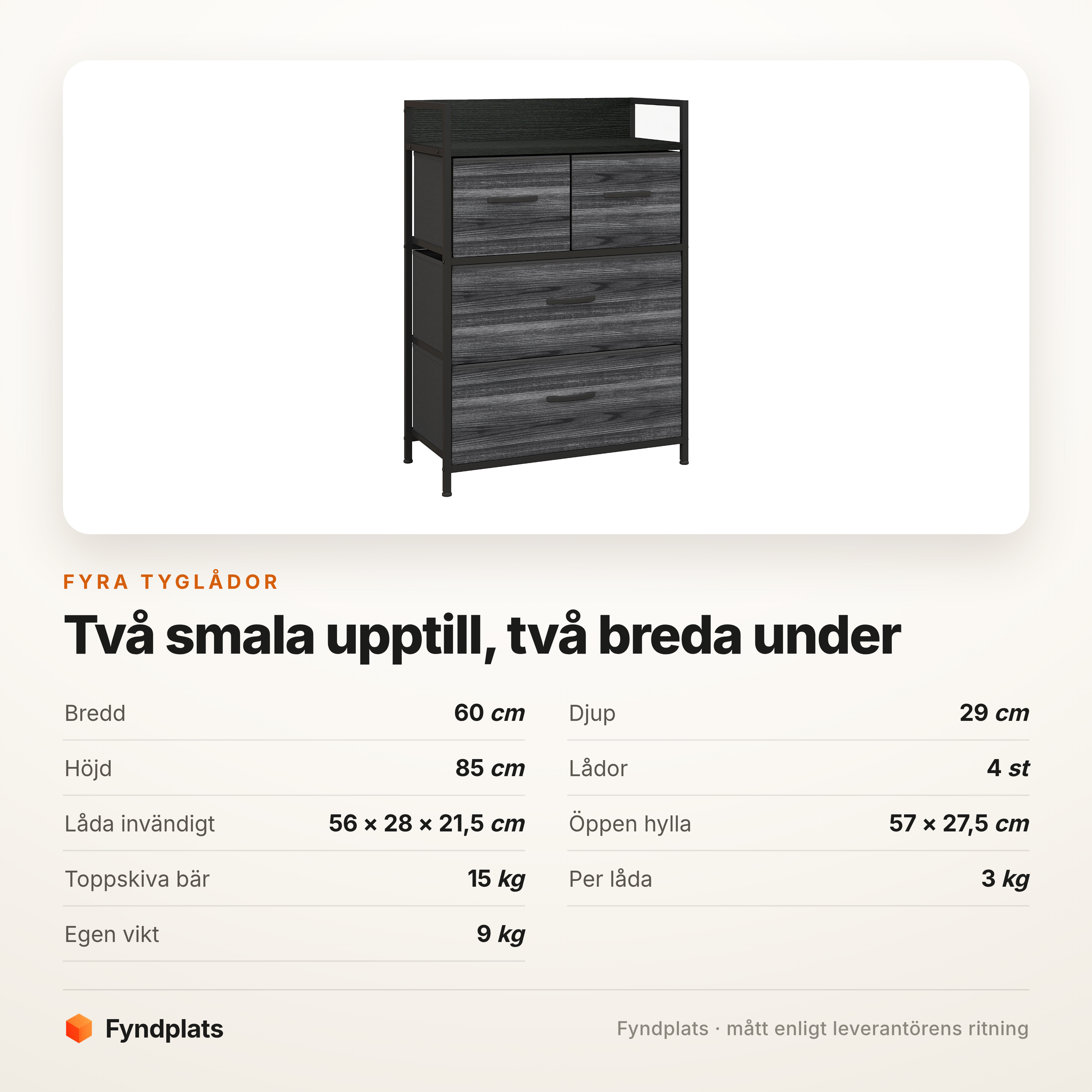 Byrå 60 cm med 4 tyglådor – svart – bild 5