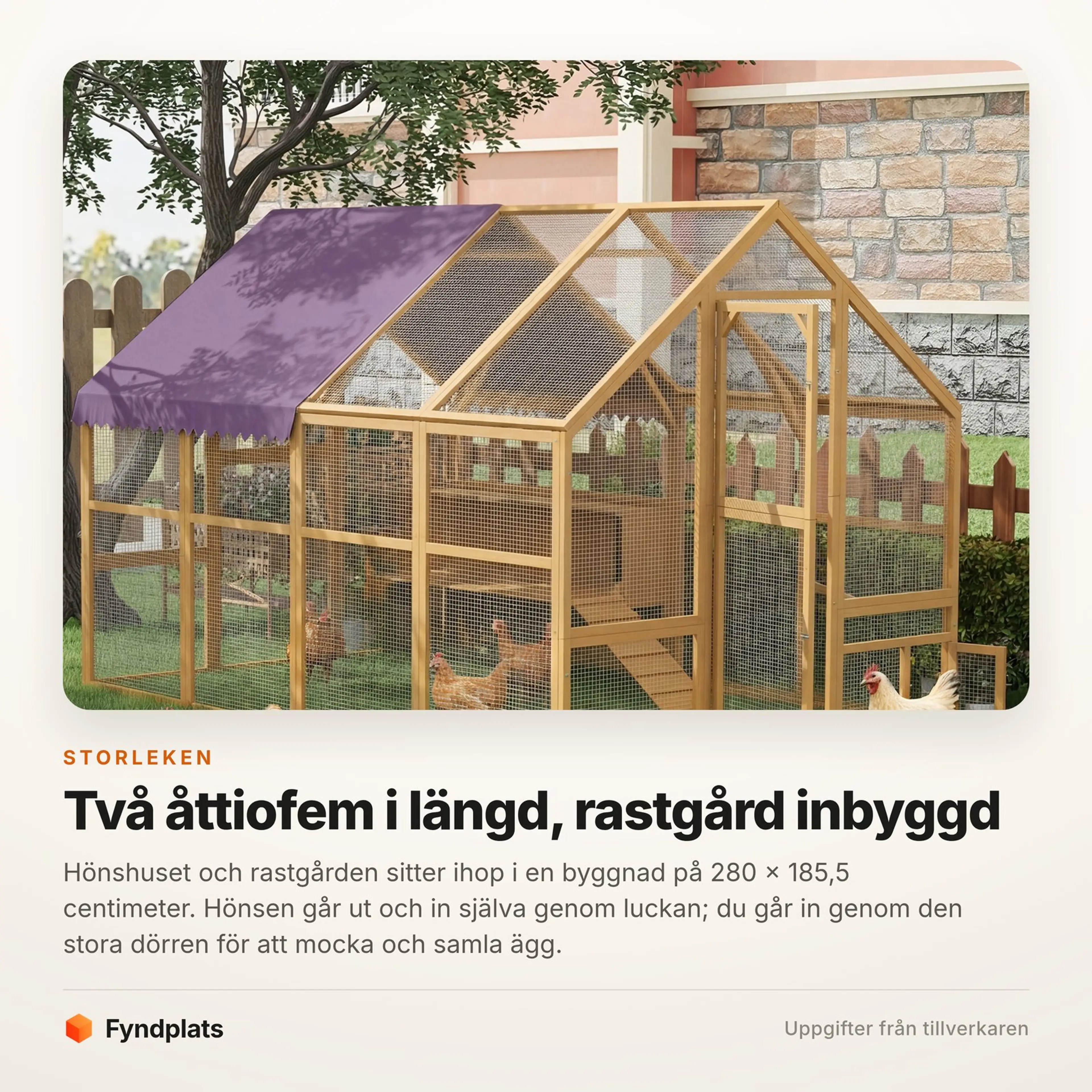 Fyndplats faktakort: hus och rastgård i en byggnad på 280 cm