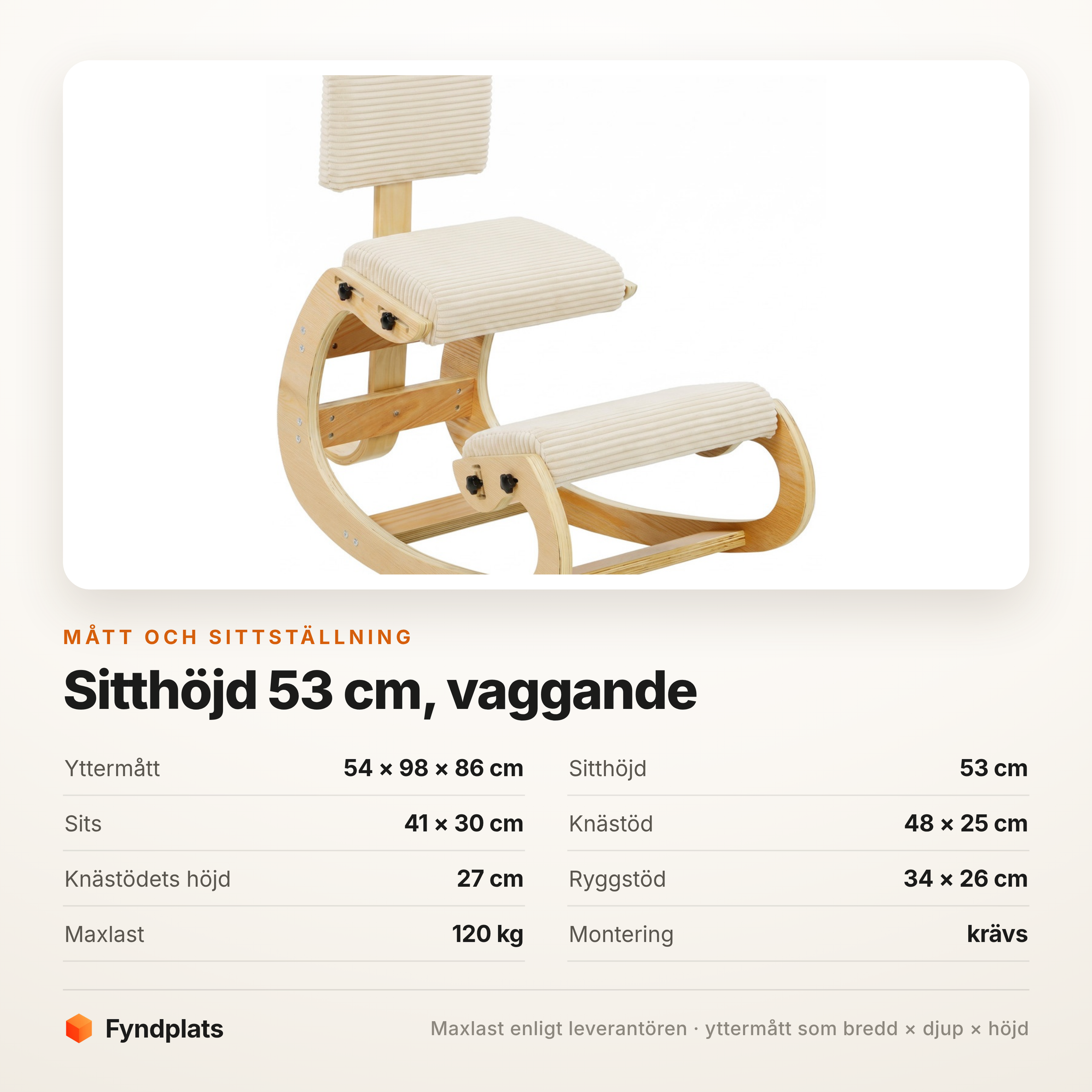 Specifikationskort för knästol med sitthöjd, knästöd och maxlast