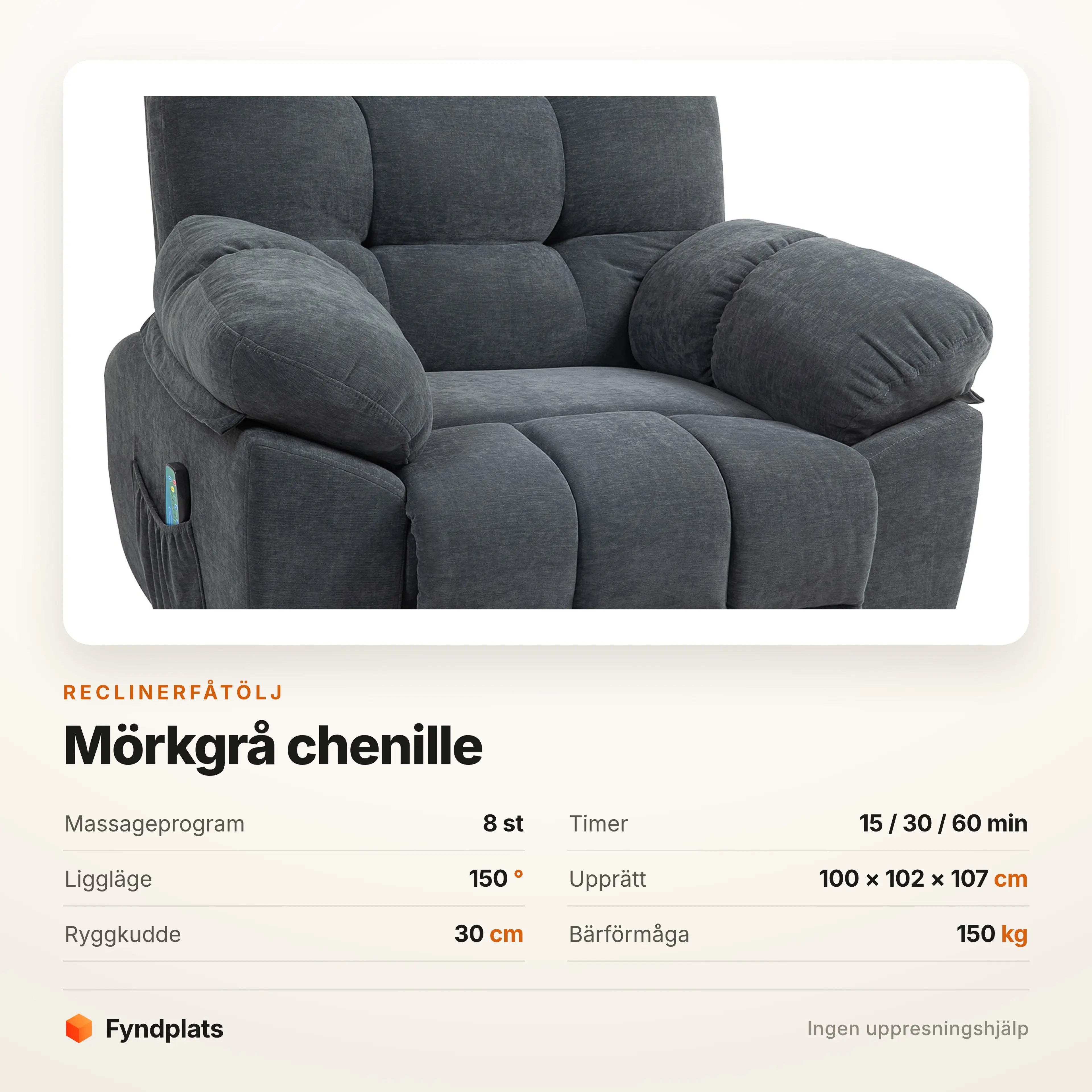 Specifikation: åtta massageprogram, timer, 150° liggläge