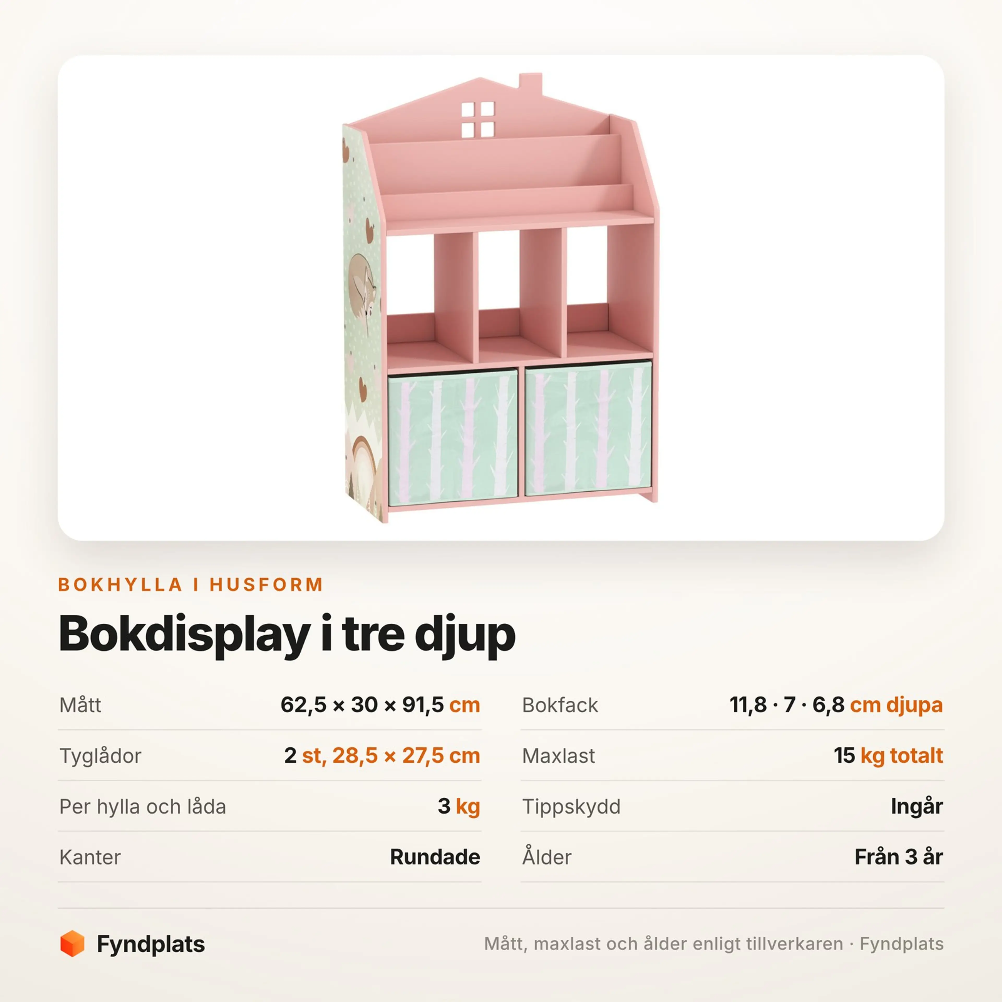 Spec-kort för bokhyllan: 62,5 × 30 × 91,5 cm, bokdisplay i tre djup och tippskydd
