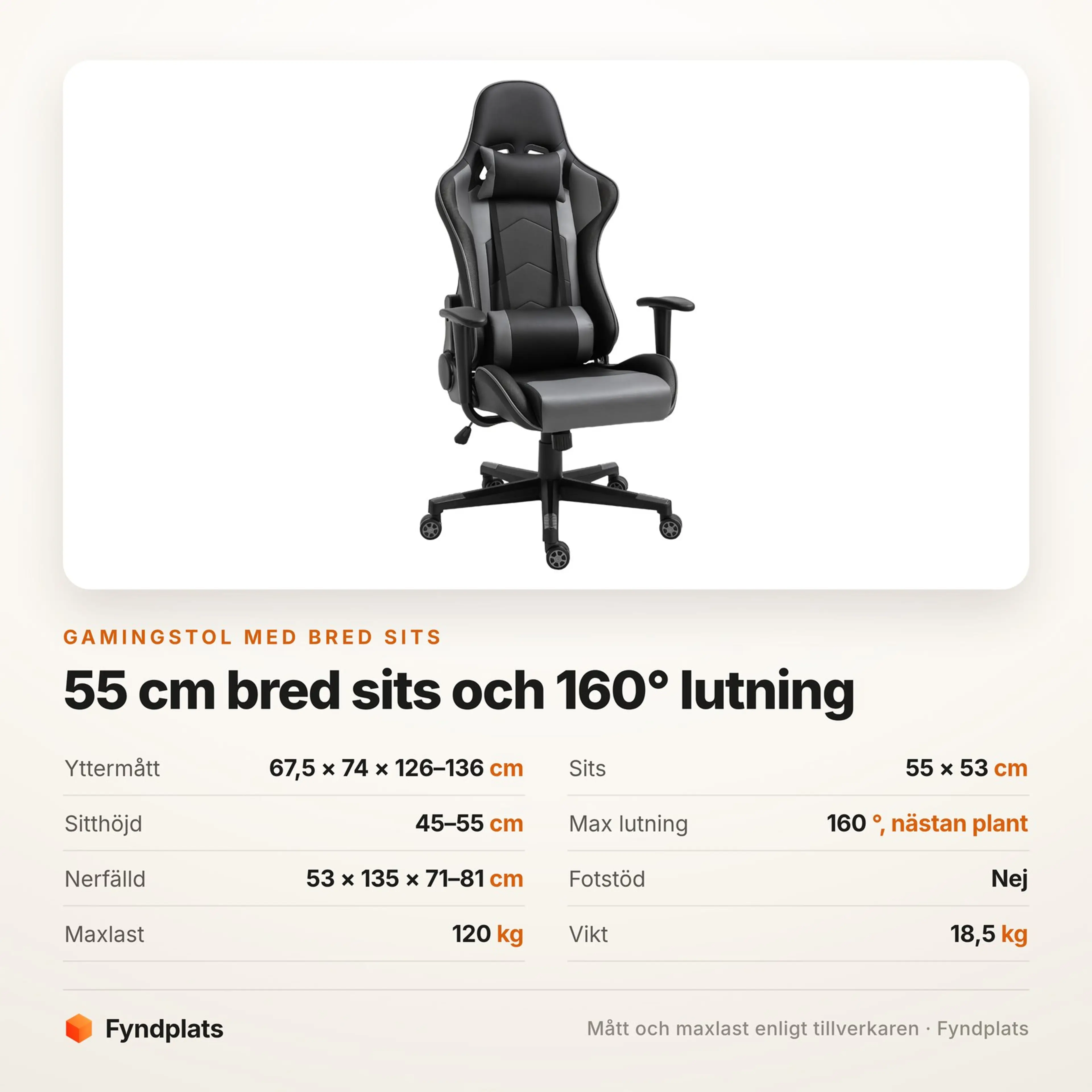 Spec-kort för gamingstolen: sits 55 × 53 cm, 160° lutning, sitthöjd 45–55 cm och 120 kg maxlast