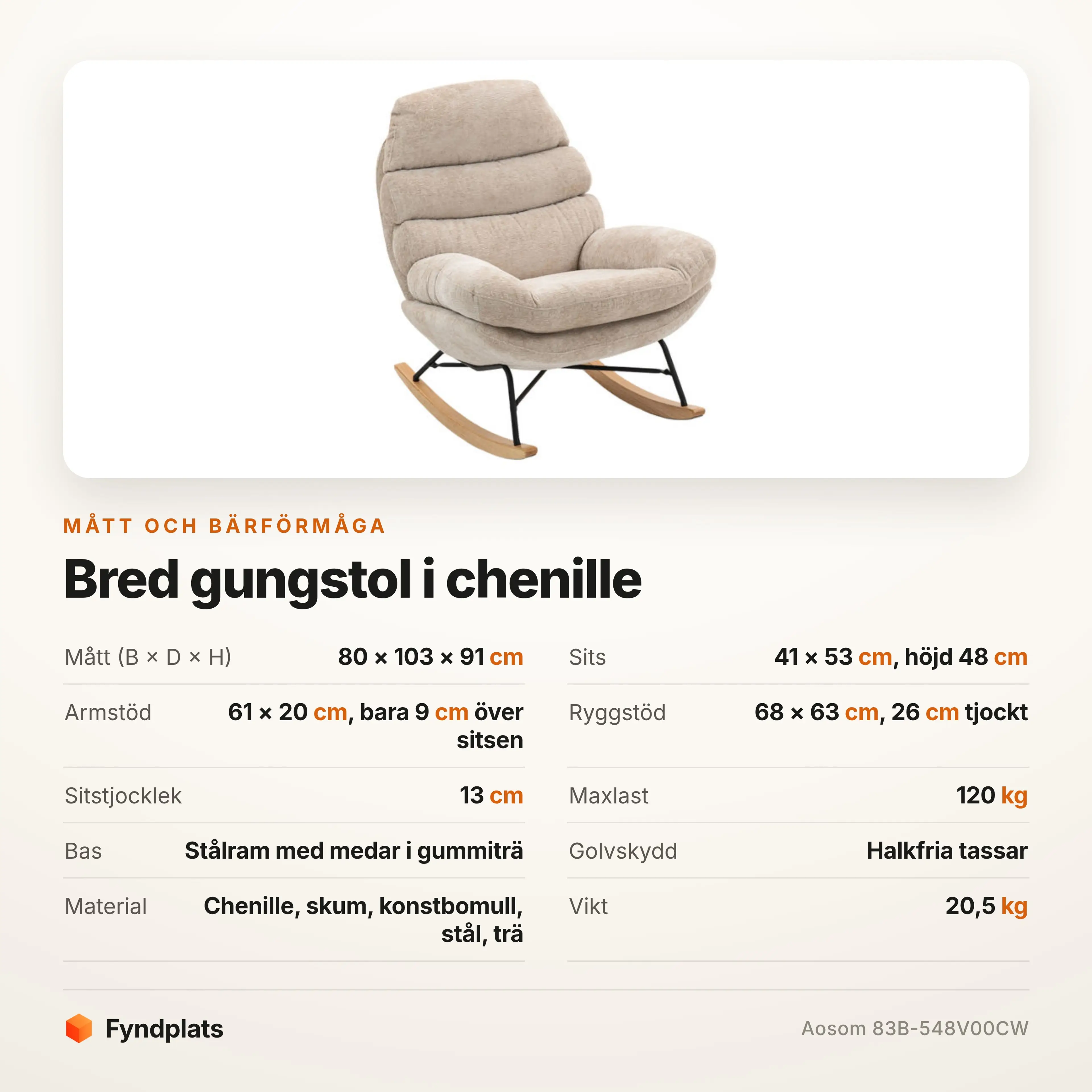 Specifikationskort med bredd, armstödshöjd och ryggens tjocklek