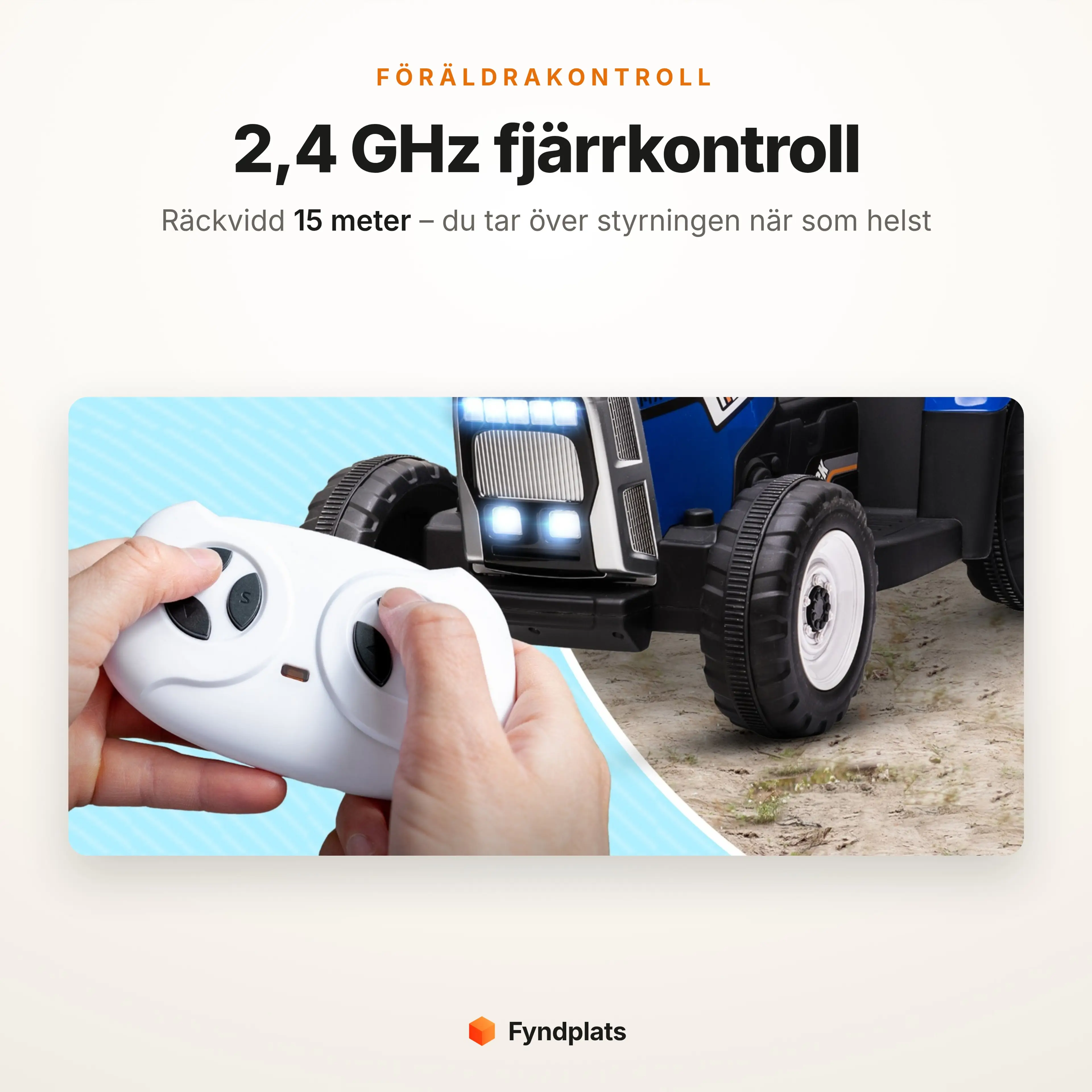 Förälder håller 2,4 GHz-fjärrkontrollen till barnens eltraktor med tända lampor