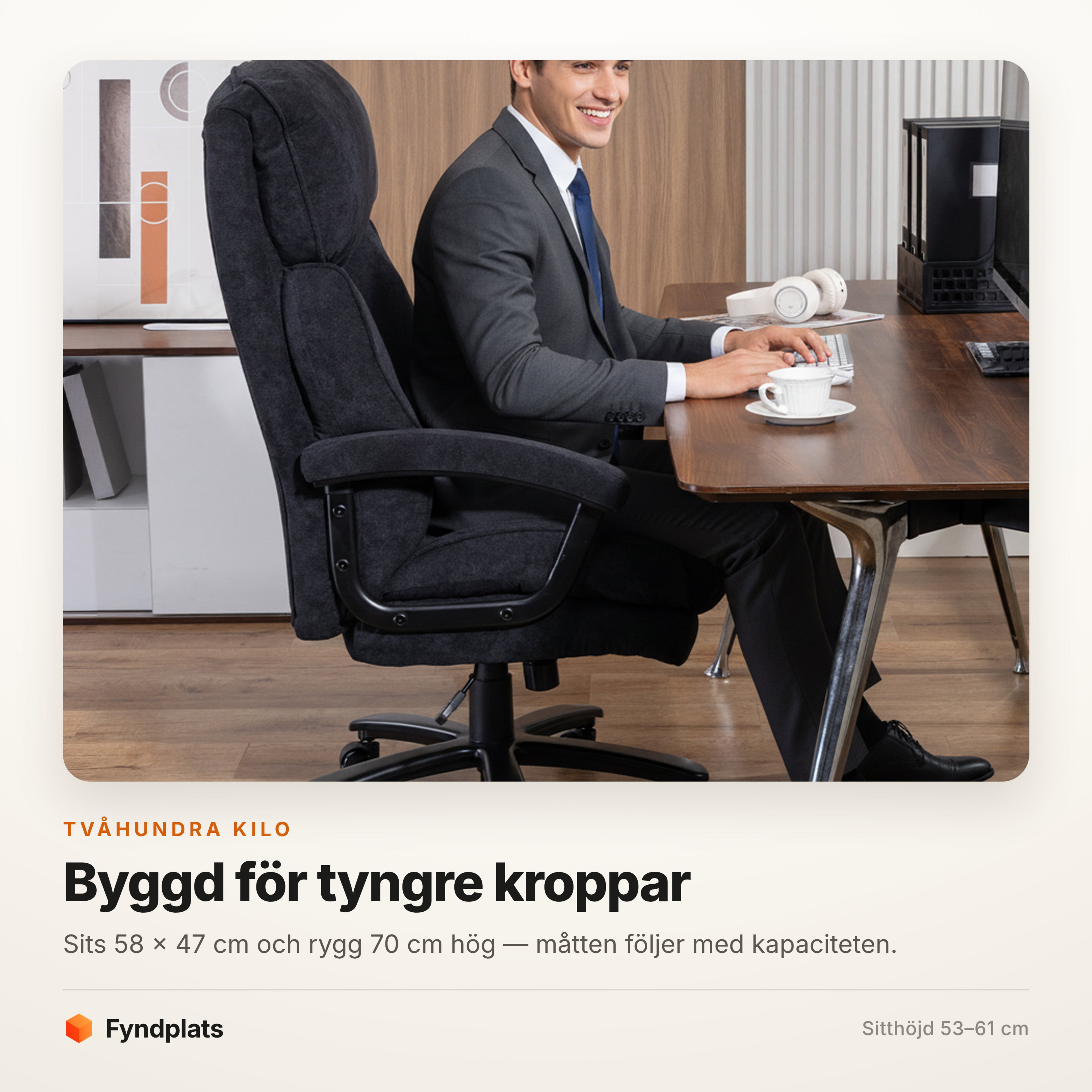 Kontorsstol svart som bär 200 kg – 58 cm sits och 70 cm hög rygg – bild 2