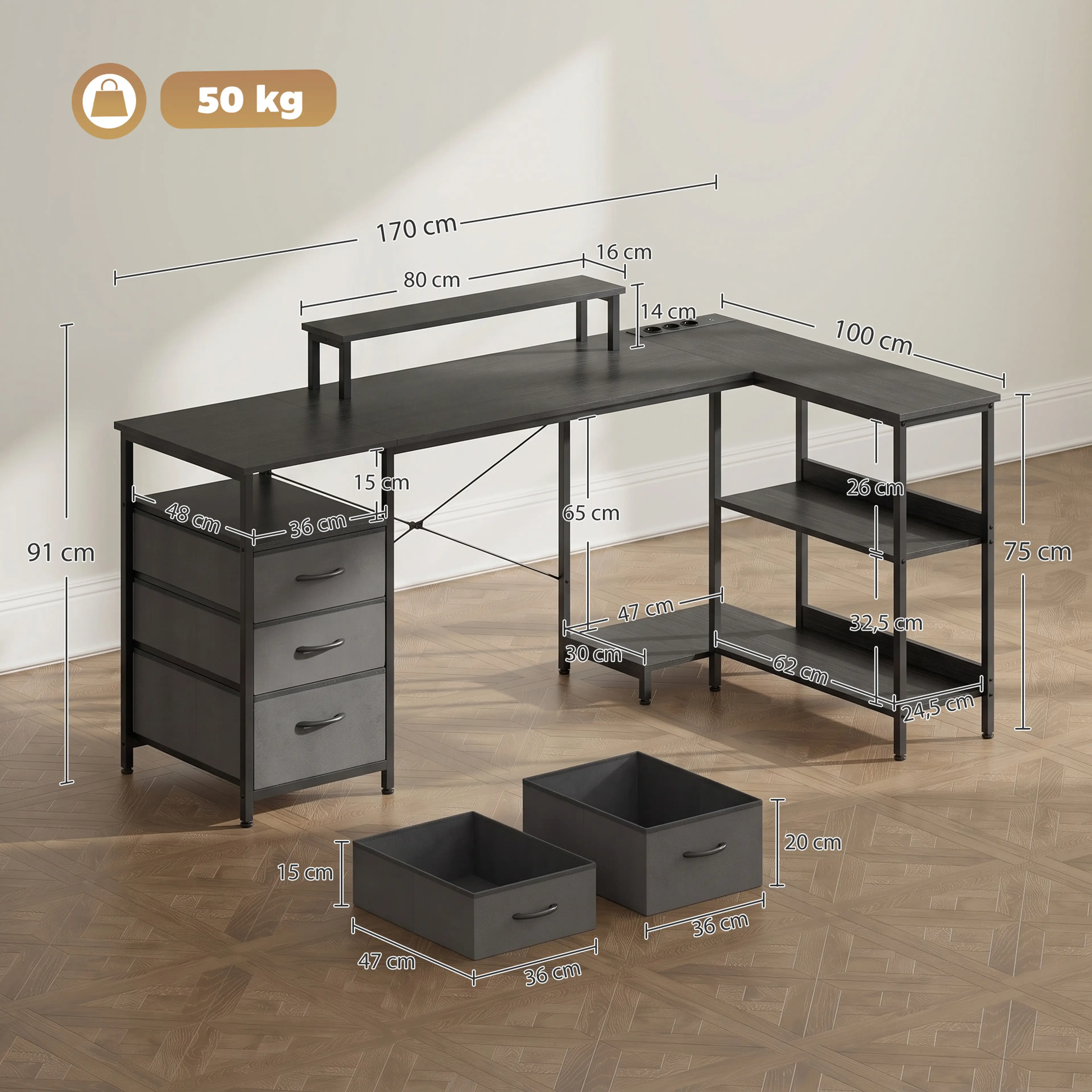 Hörnskrivbord 170 cm med tre lådor – svart – bild 7