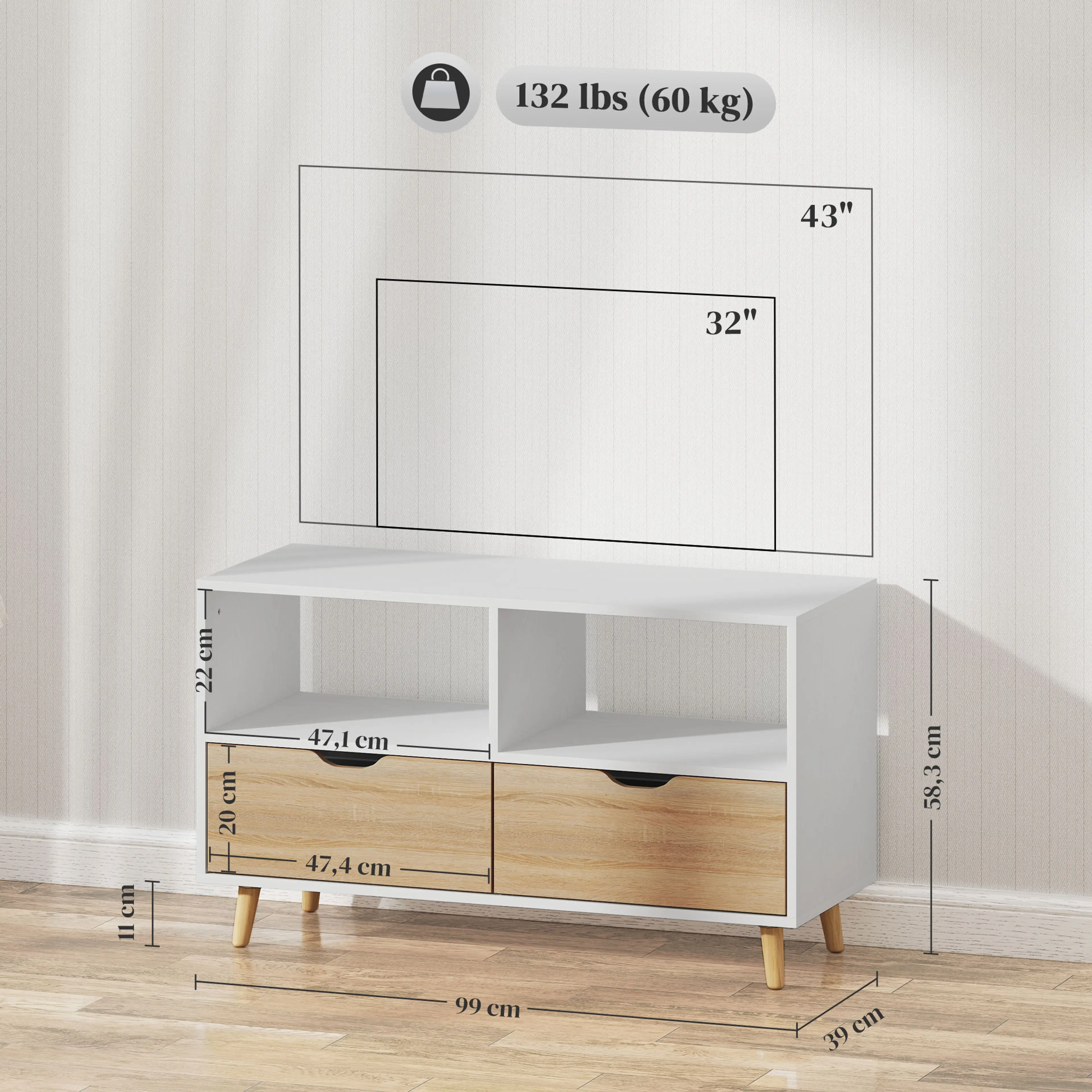 TV-bänk 99 cm med två lådor – bild 4