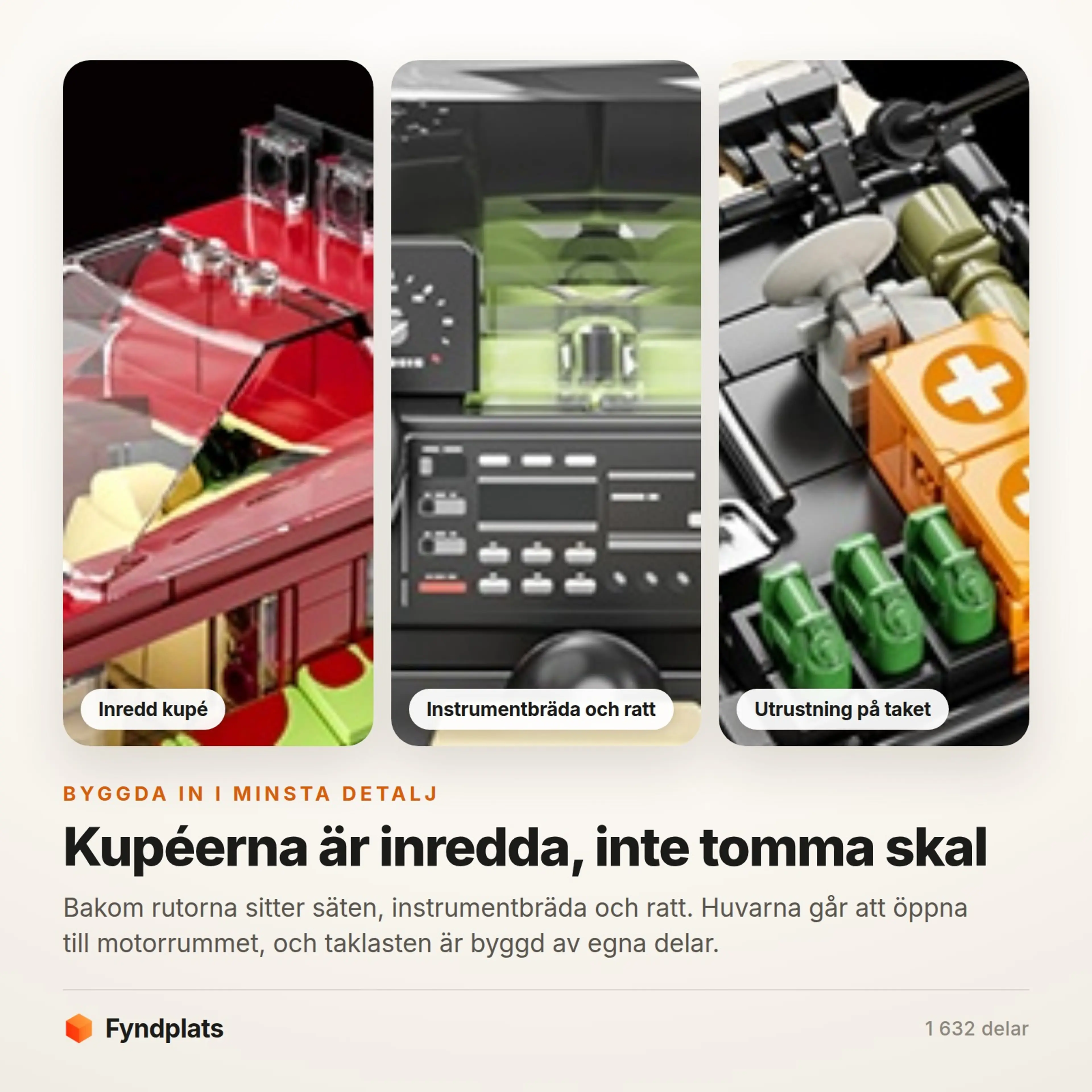 Fyndplats-kort: närbilder på inredd kupé, instrumentbräda med ratt och utrustning på taket