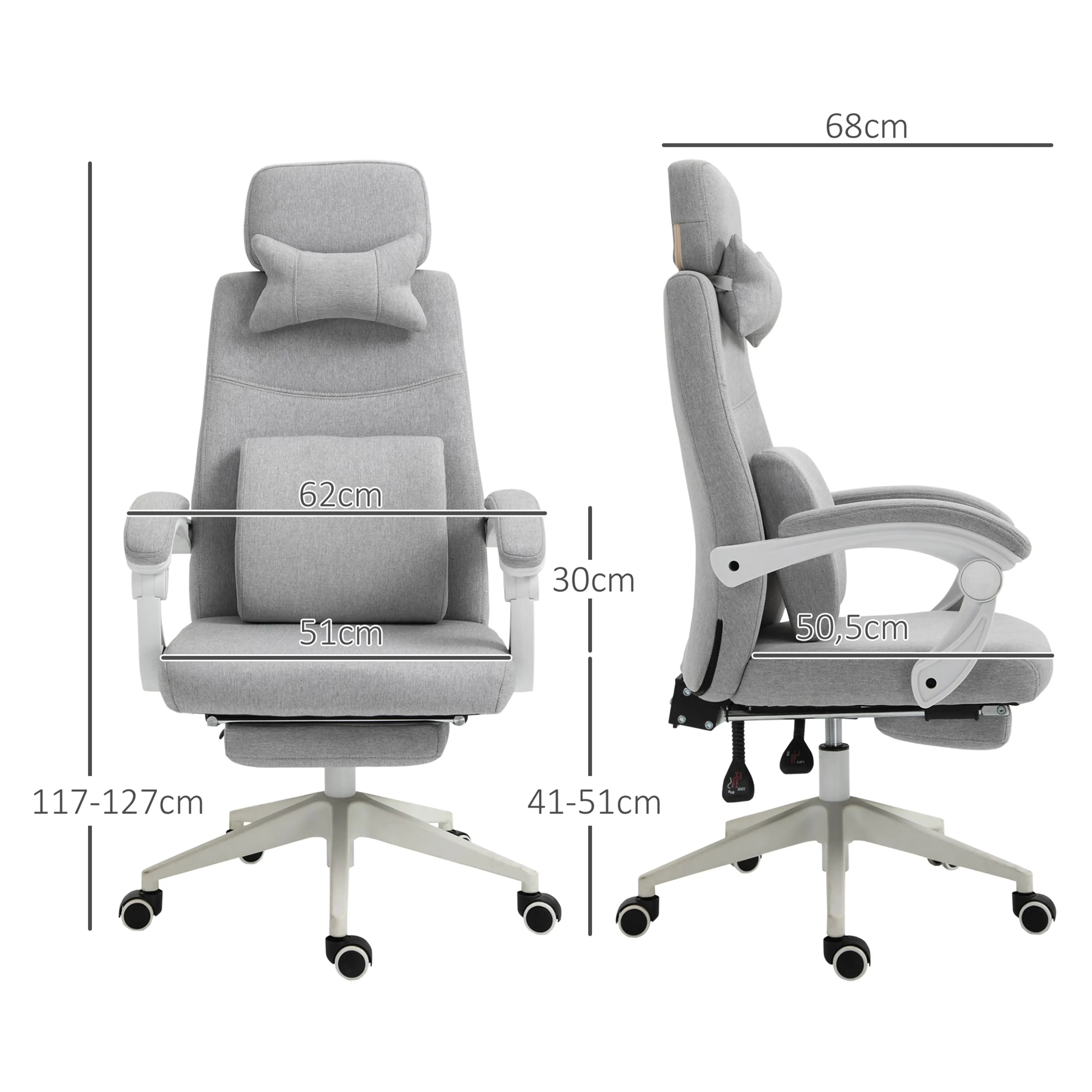 Måttritning med djup 68 cm, bredd 62 cm, höjd 117–127 cm och sitthöjd 41–51 cm