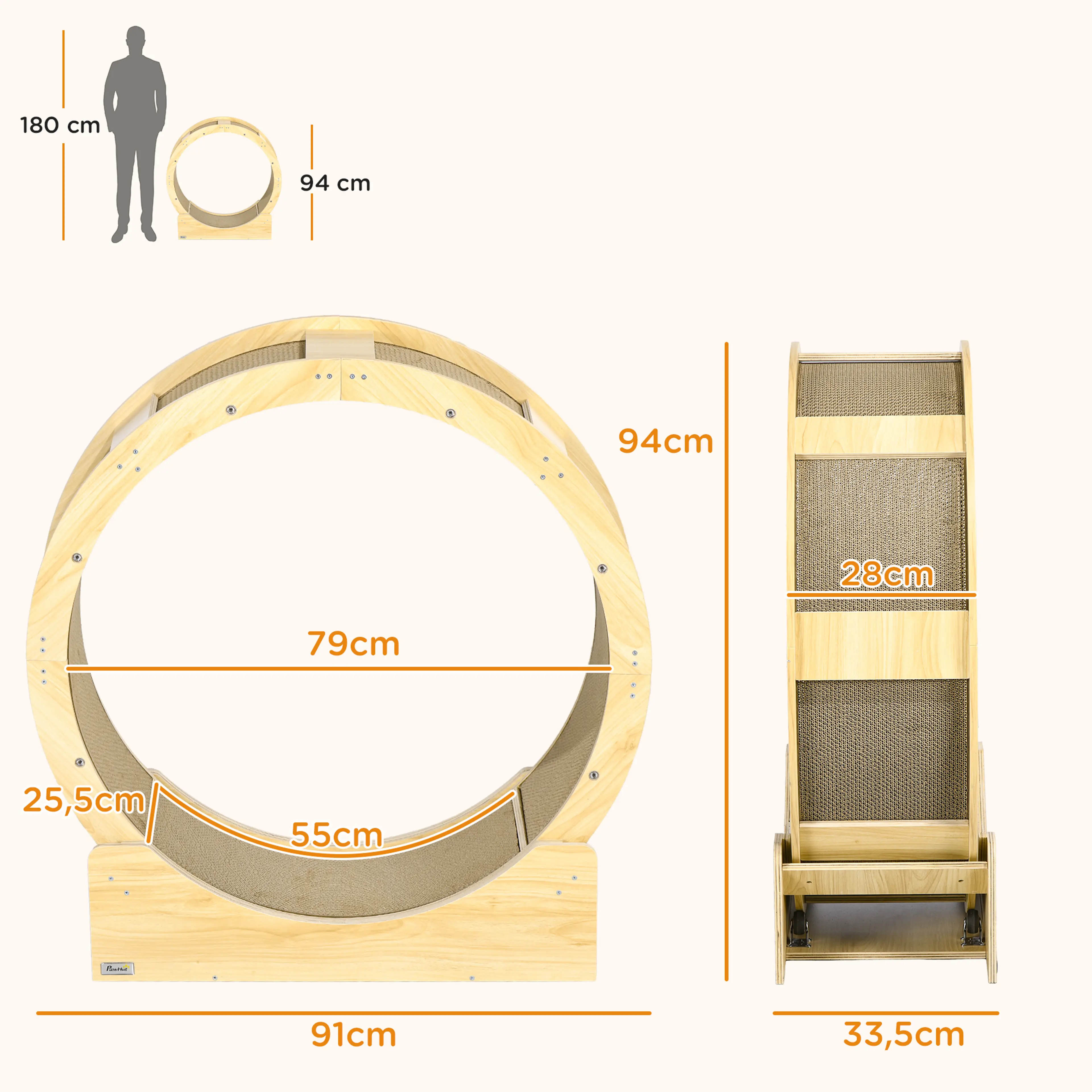 Måttbild: katthjulet är 91 cm brett, 33,5 cm djupt och 94 cm högt, med 79 cm innerdiameter och 28 cm bred löpbana