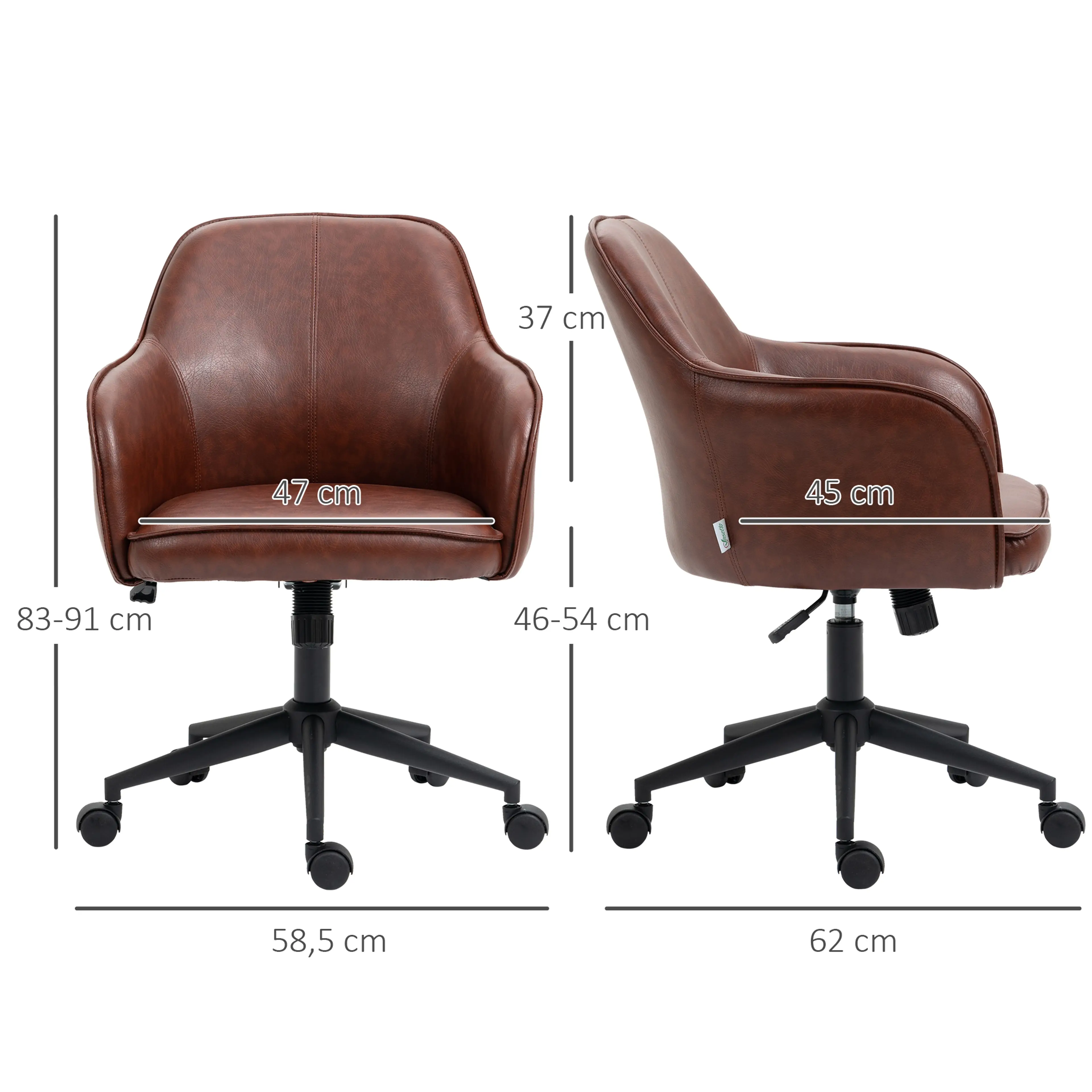 Måttritning med bredd 58,5 cm, djup 62 cm, höjd 83–91 cm och sitthöjd 46–54 cm
