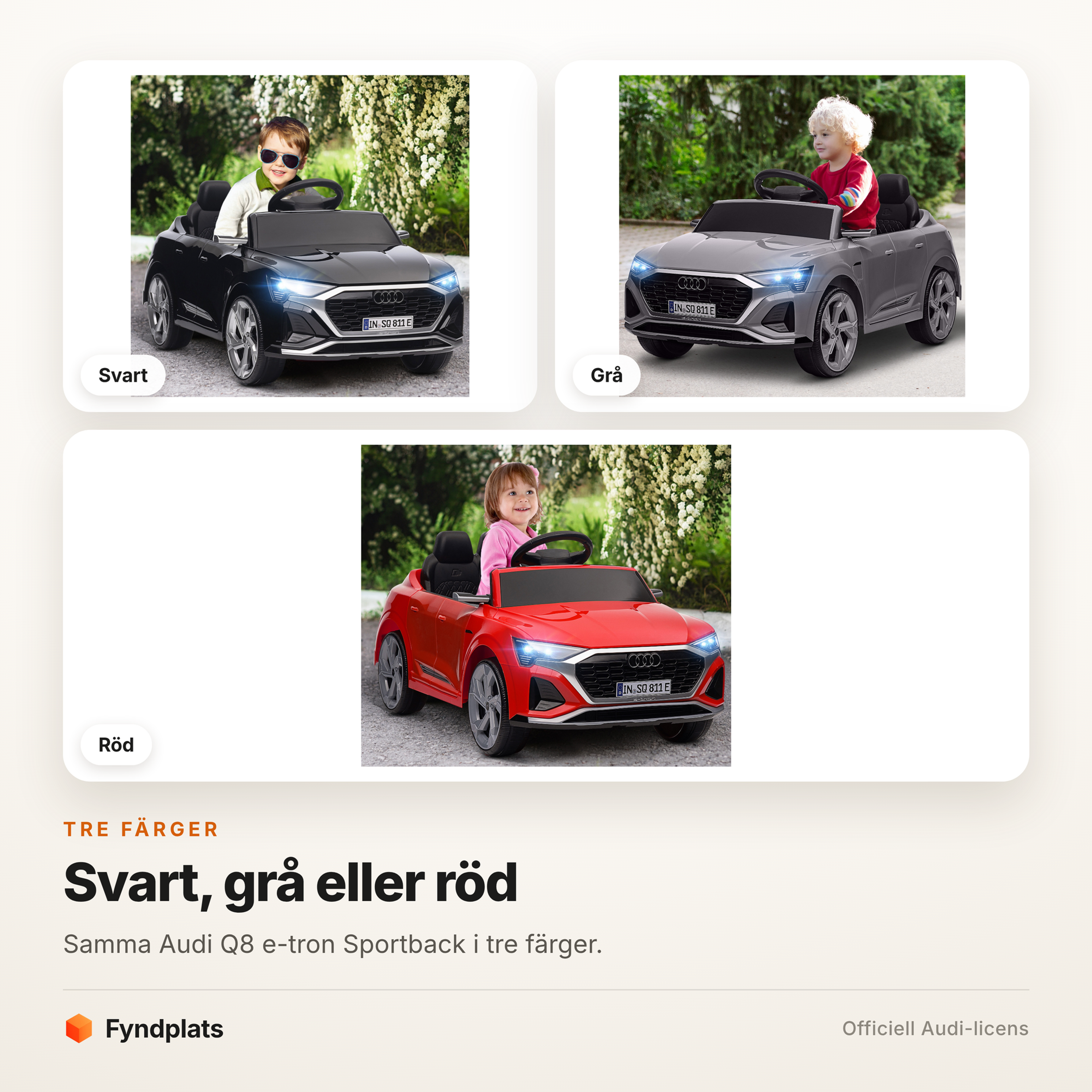 Fyndplats färgkort som visar Audi-elbilen för barn i svart, grått och rött – tre olika exemplar.