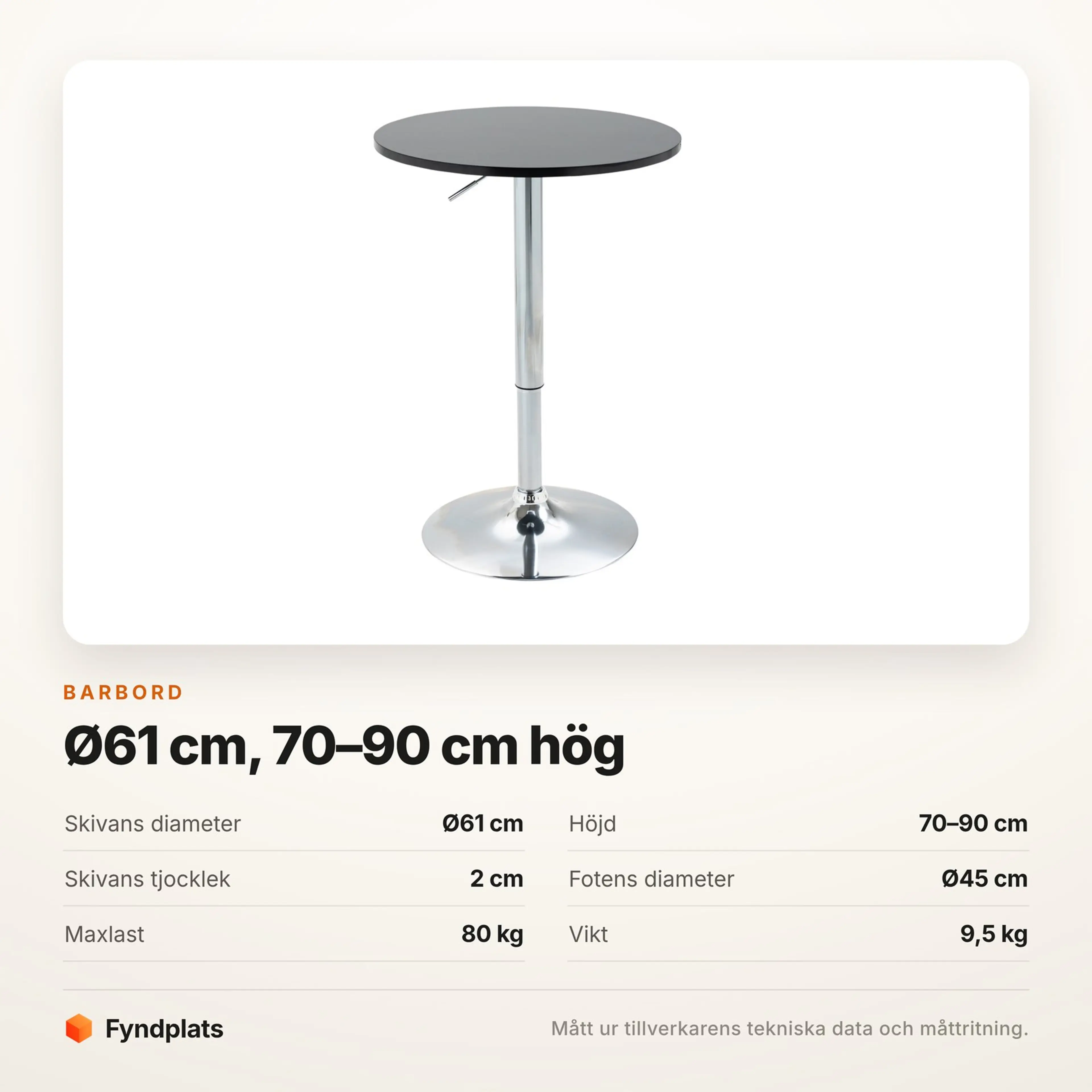 Specifikationskort för barbordet med diameter, höjdspann, fotmått och maxlast