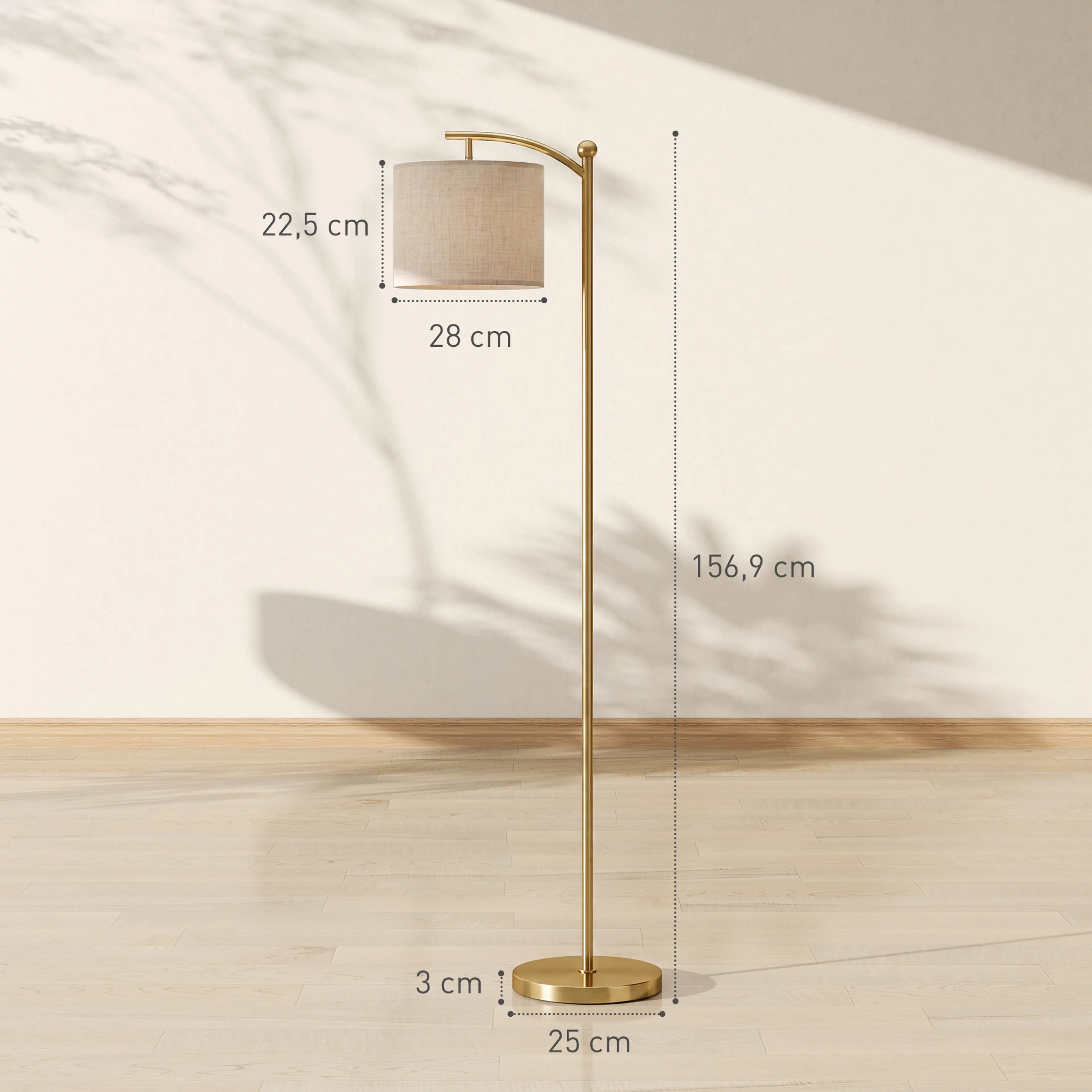Måttbild: skärmen är 28 cm i diameter och 22,5 cm hög, och foten är 25 cm bred och 3 cm hög