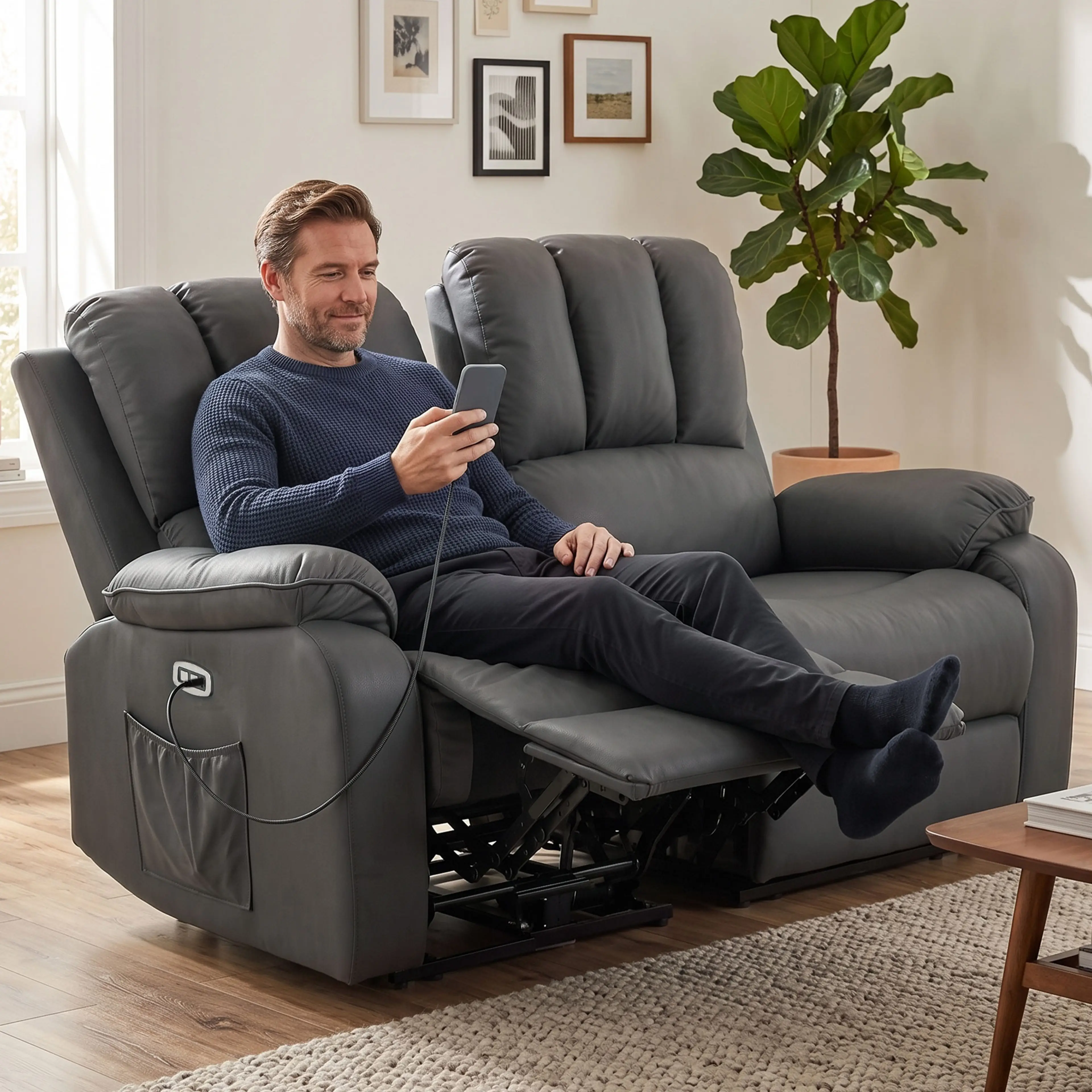 En man sitter med fötterna på det uppfällda fotstödet och laddar mobilen i armstödet