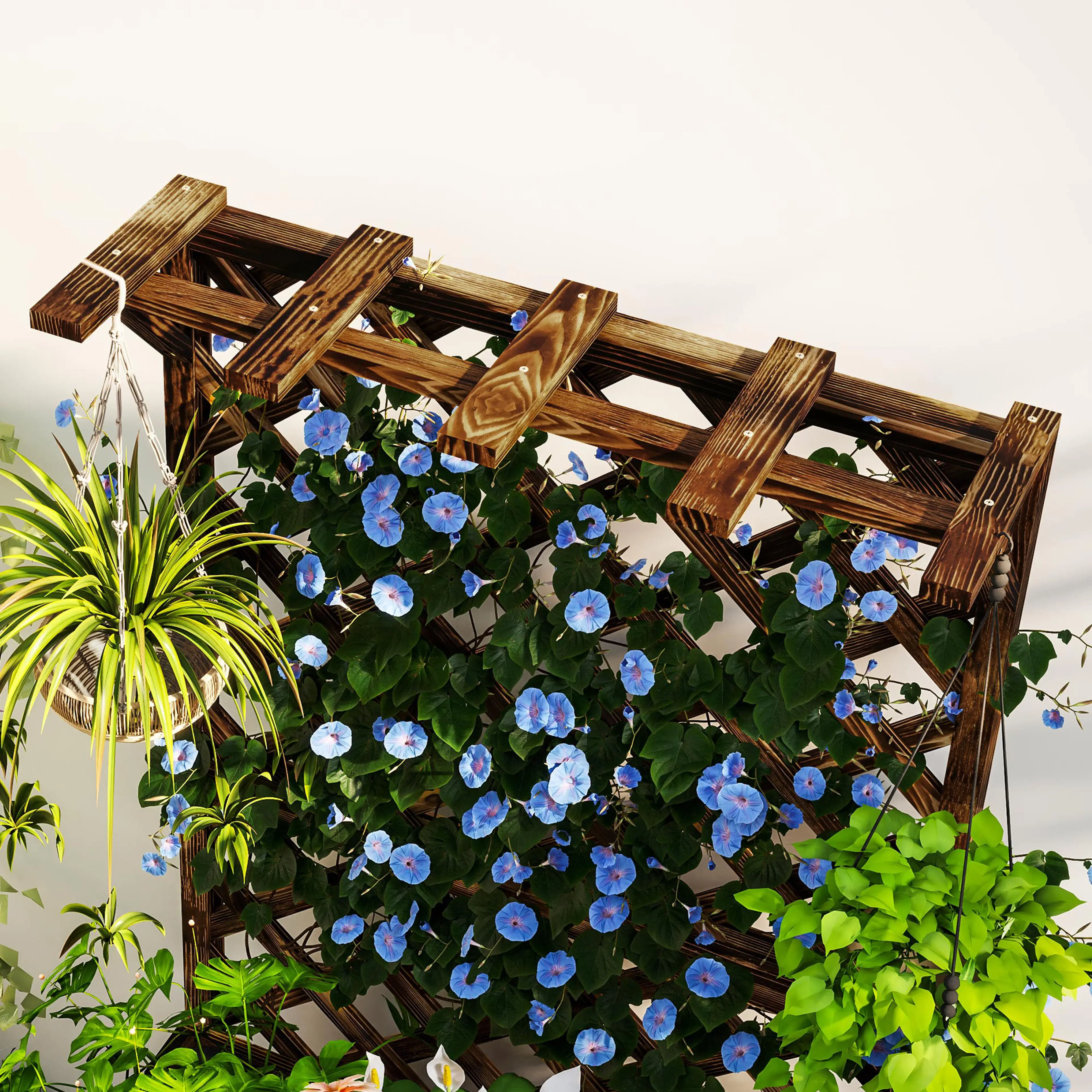Odlingslådan planterad med blå blommor på en gräsmatta