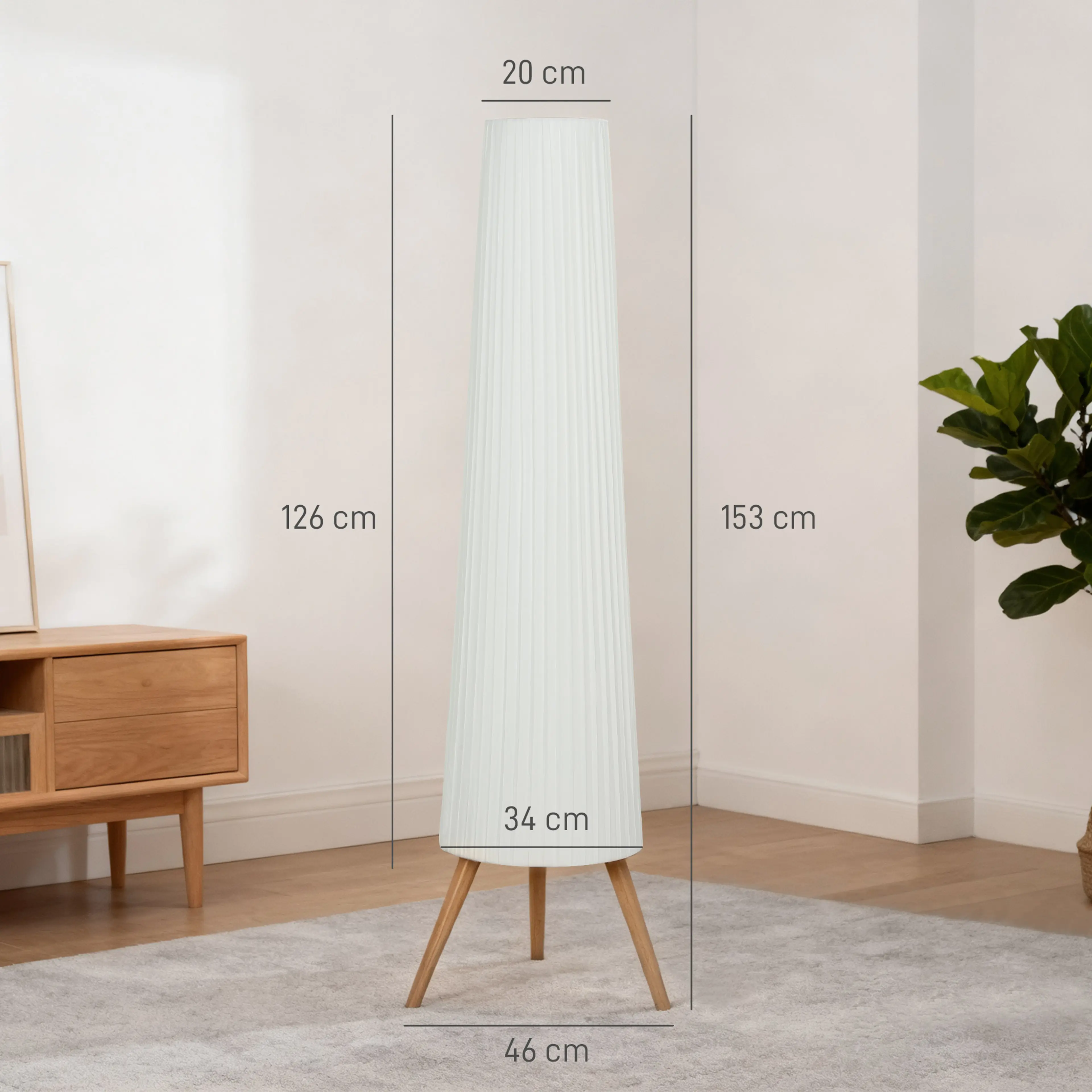 Måttskiss: skärmen 126 cm hög, Ø 20 cm i toppen och Ø 34 cm nertill, totalt 153 cm