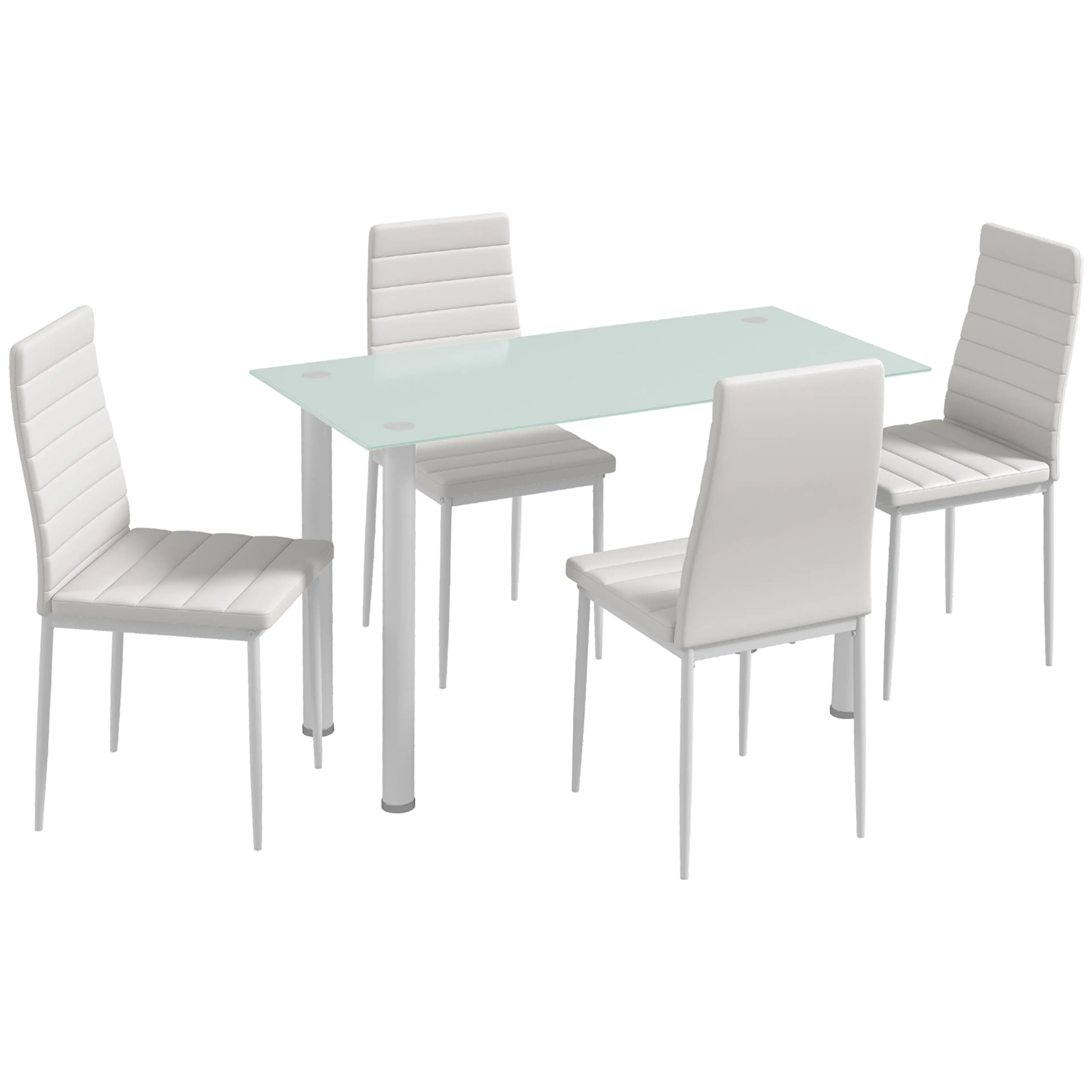 Matgrupp med glasbord 120 cm och fyra vita stolar i konstläder