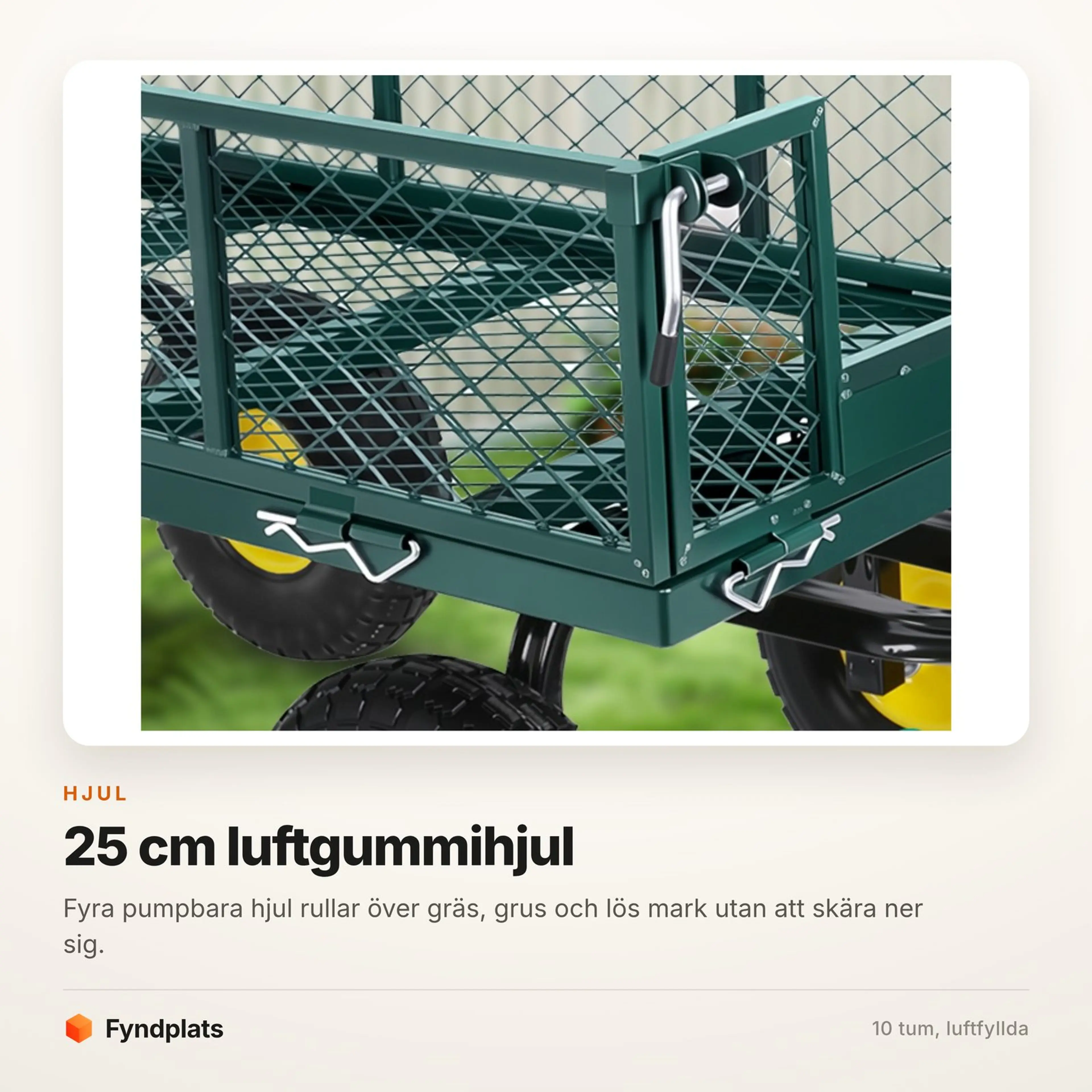 Fyndplats-kort: närbild på ett av de fyra luftgummihjulen på 25 centimeter