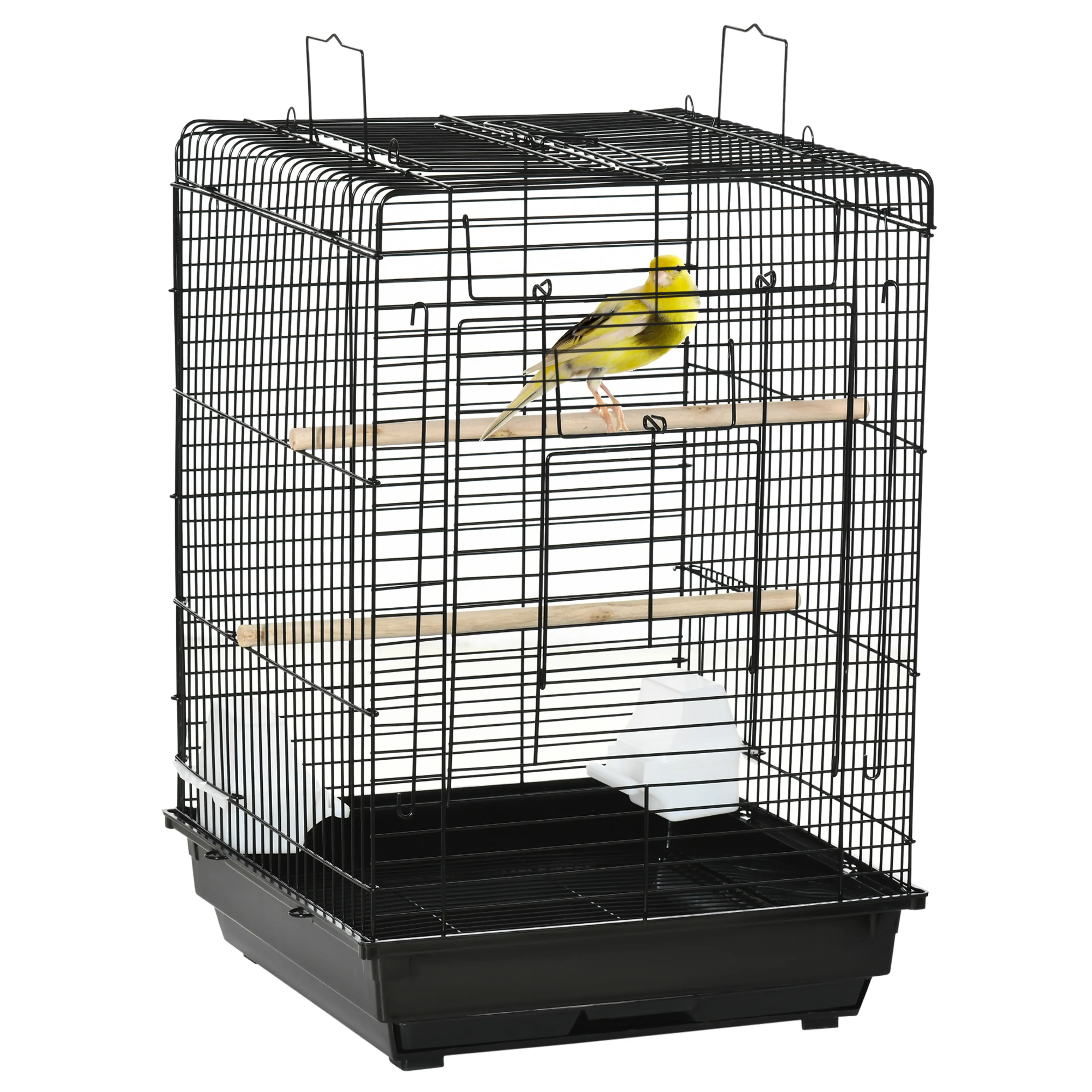 Fågelbur för undulat 40×40×59 cm – svart med öppningsbart tak och 2 sittpinnar
