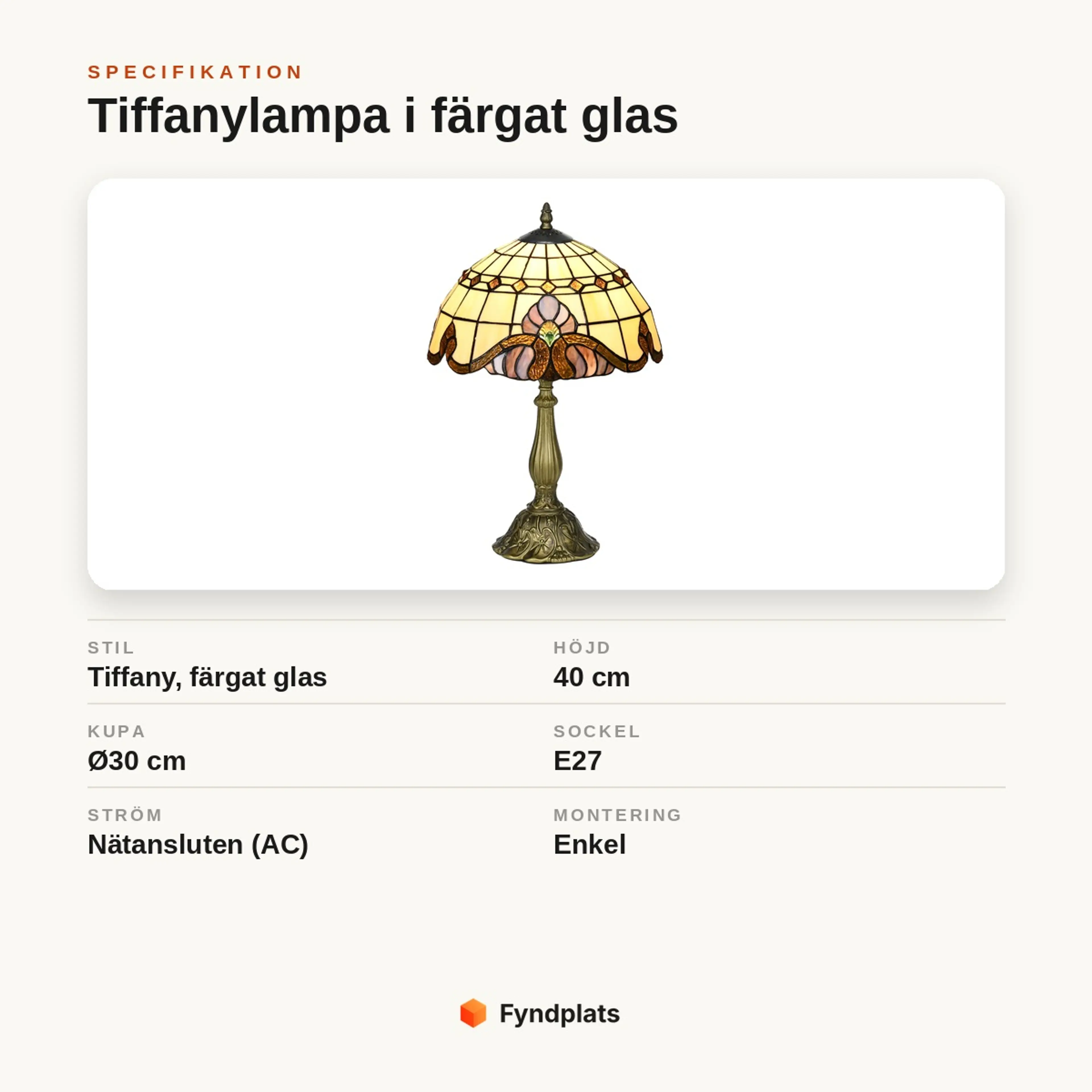 Specifikationskort: handgjord Tiffanylampa i färgat glas, höjd 40 cm, kupa Ø30 cm, E27-sockel, nätansluten