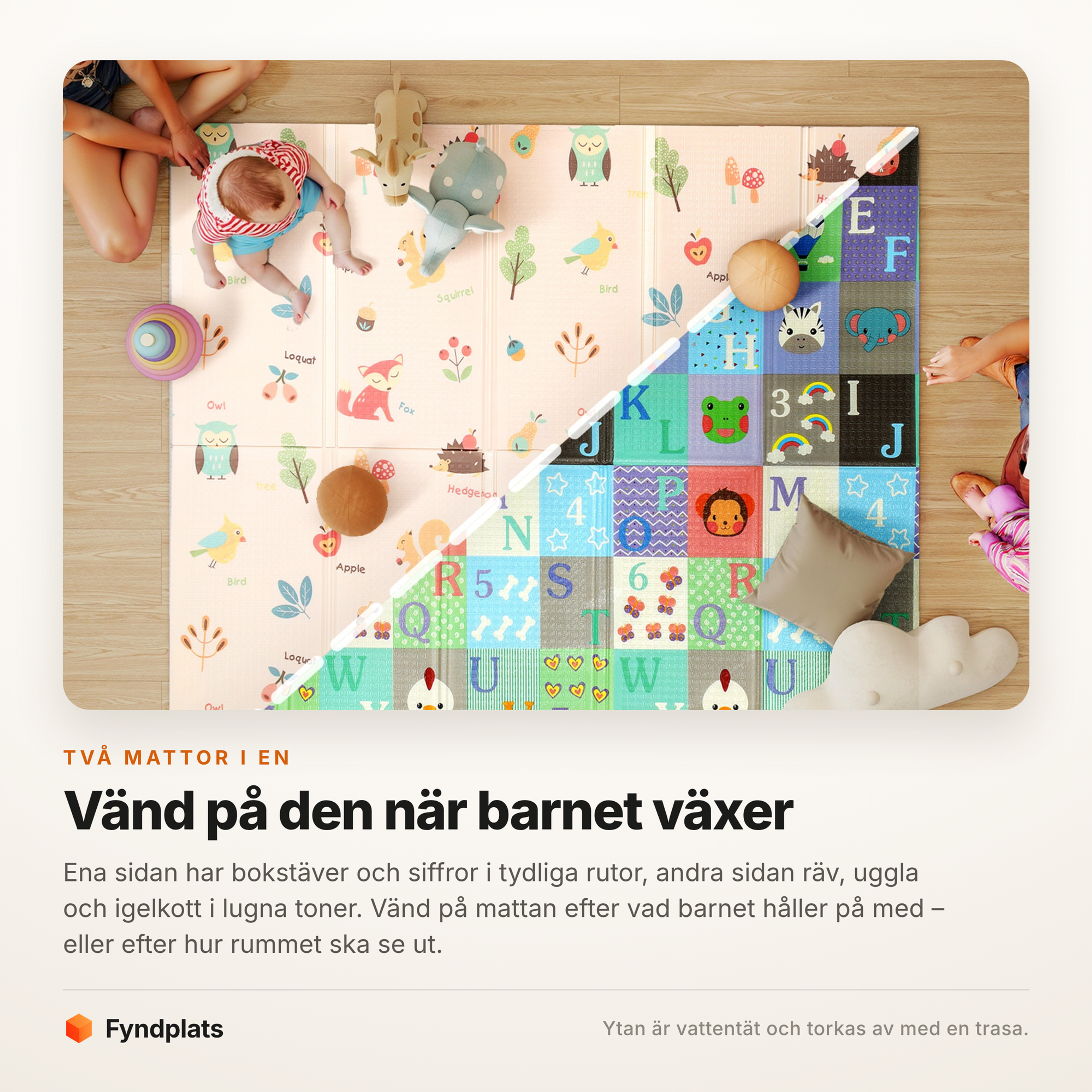 Lekmattans två sidor med bokstäver respektive skogsdjur