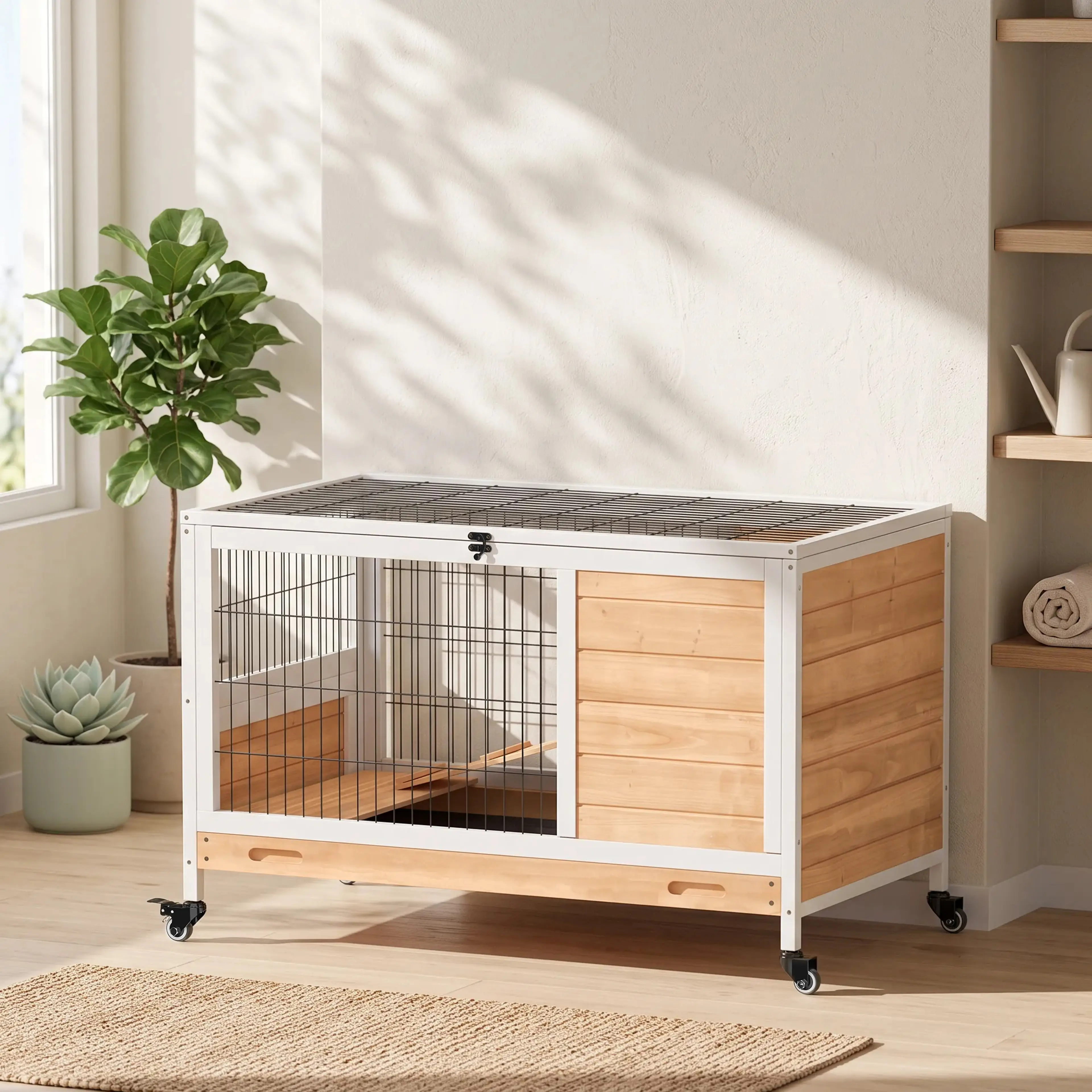 Kaninbur 90 cm i gult sedd framifrån med öppen framsida