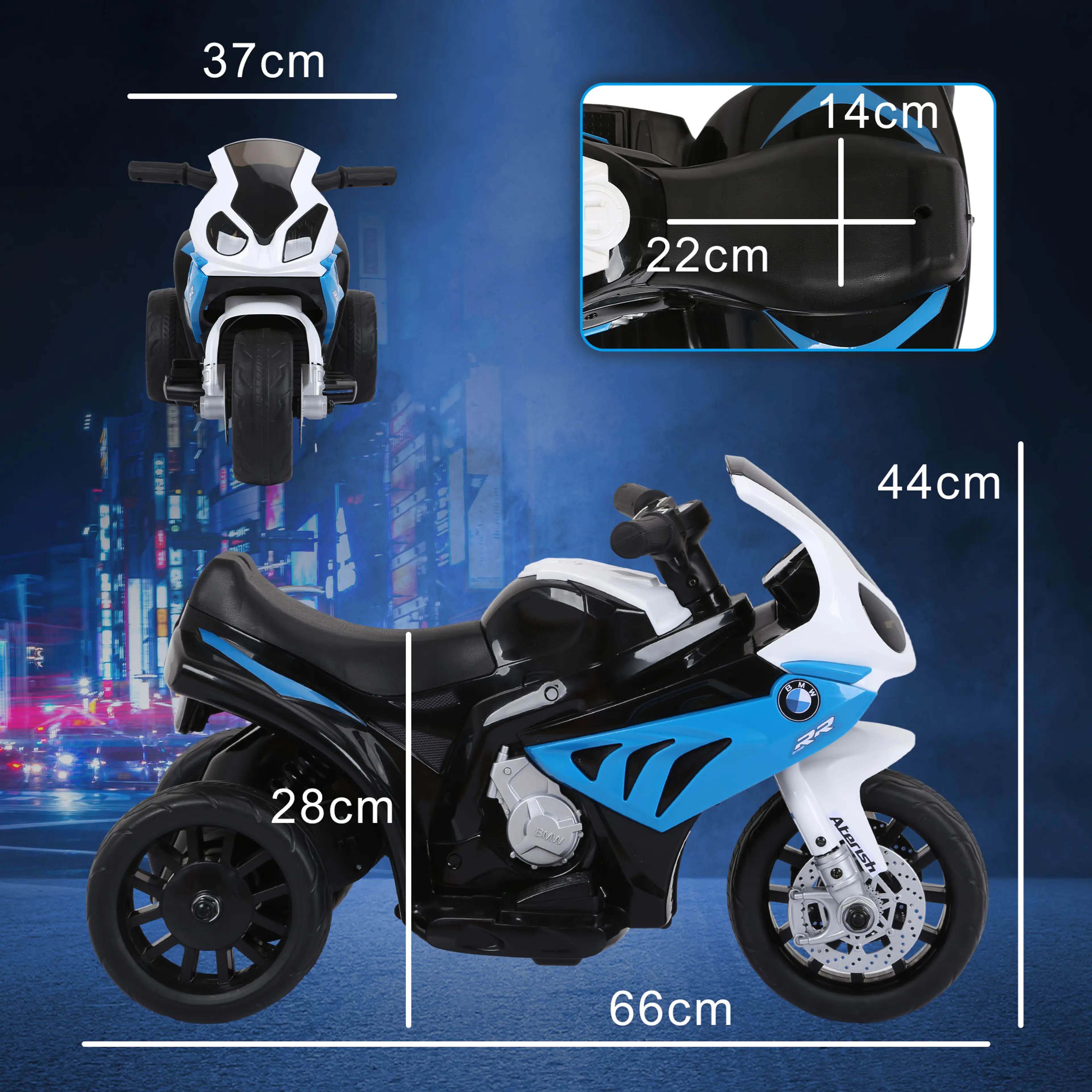 Måttskiss över elmotorcykeln: 66 cm lång, 37 cm bred, 44 cm hög, sitthöjd 28 cm och sittyta 22 x 14 cm