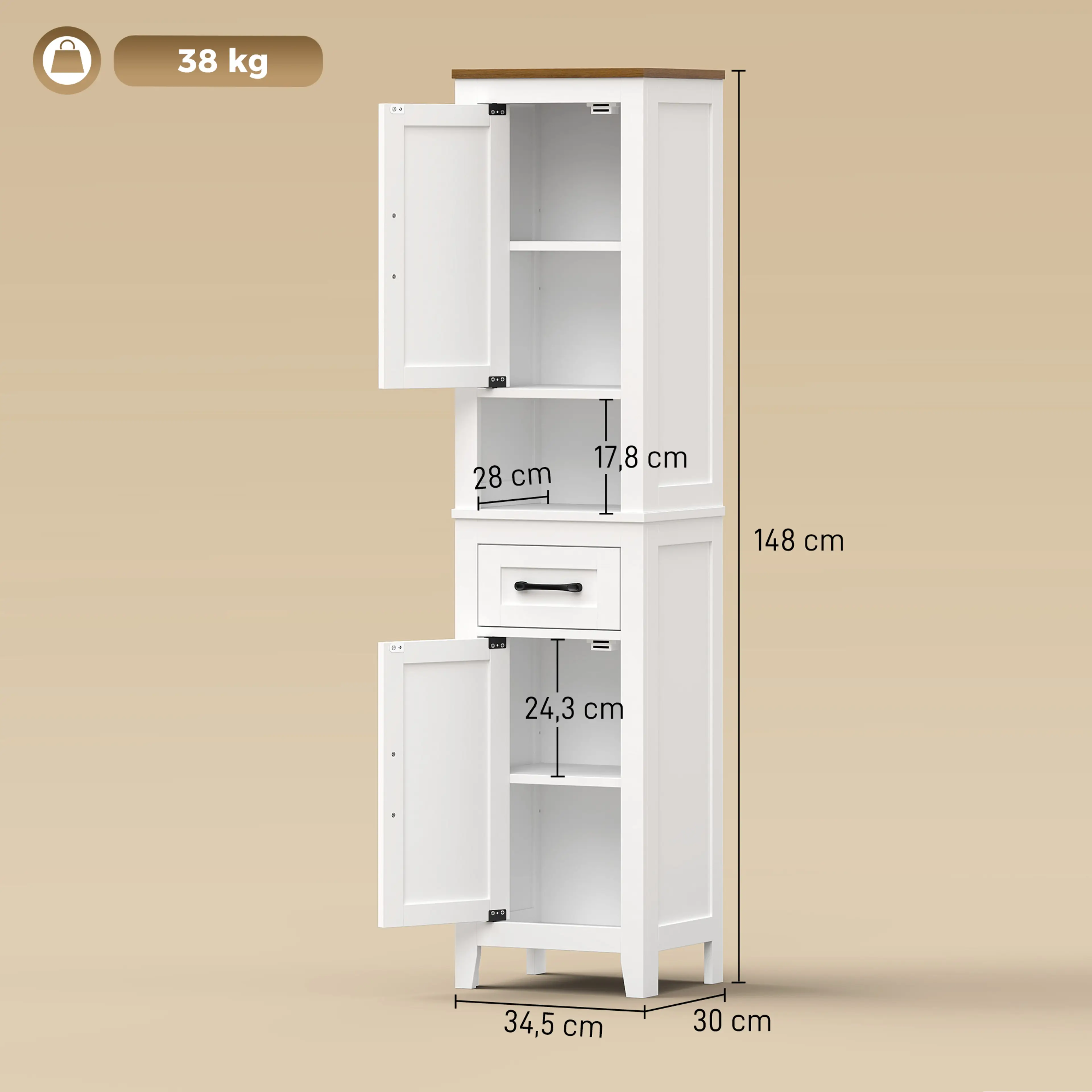 Måttdiagram för högskåpet: 34,5 × 30 × 148 cm, hyllmått och maxlast 38 kg