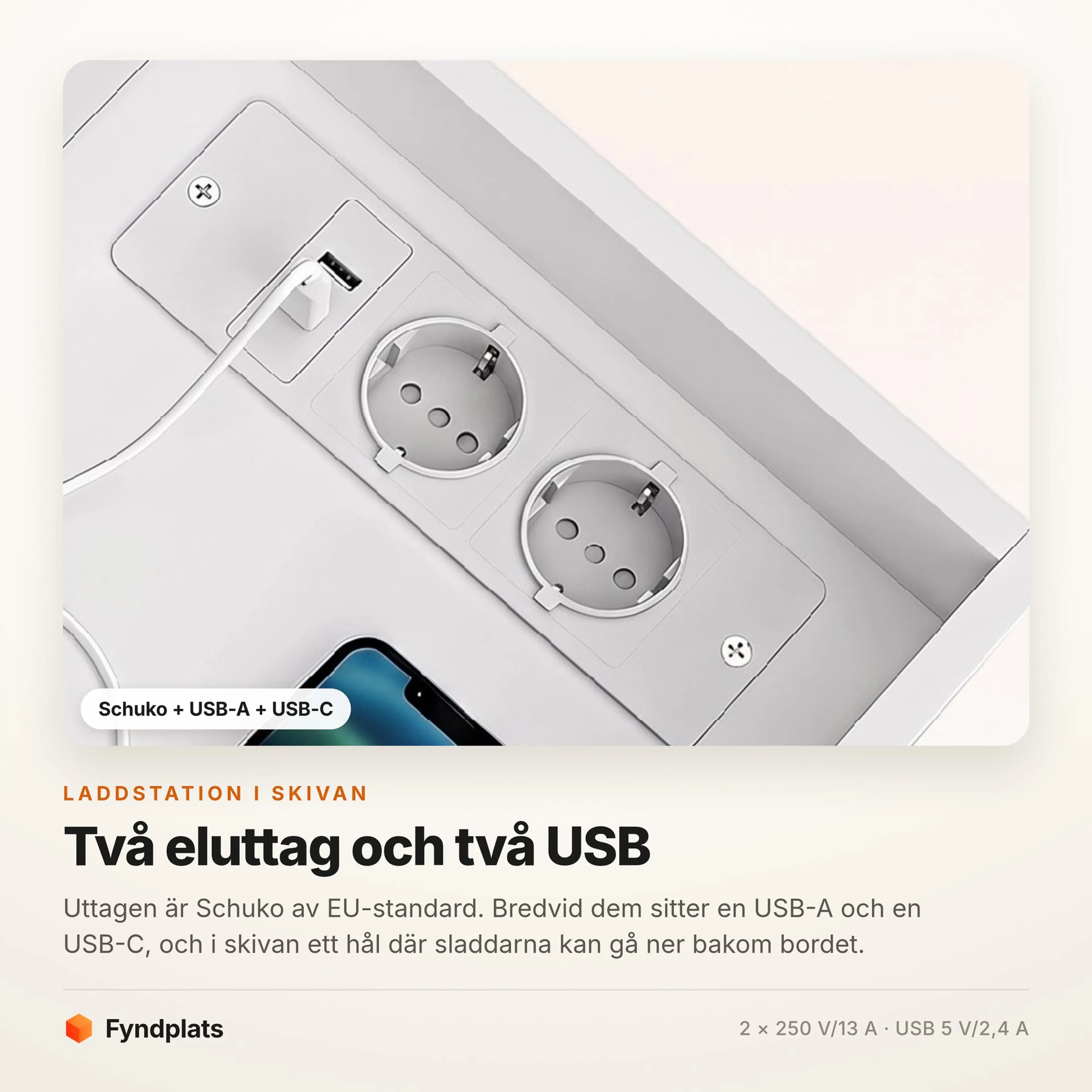 Laddstationen i bordsskivan med två Schuko-uttag, USB-A och USB-C