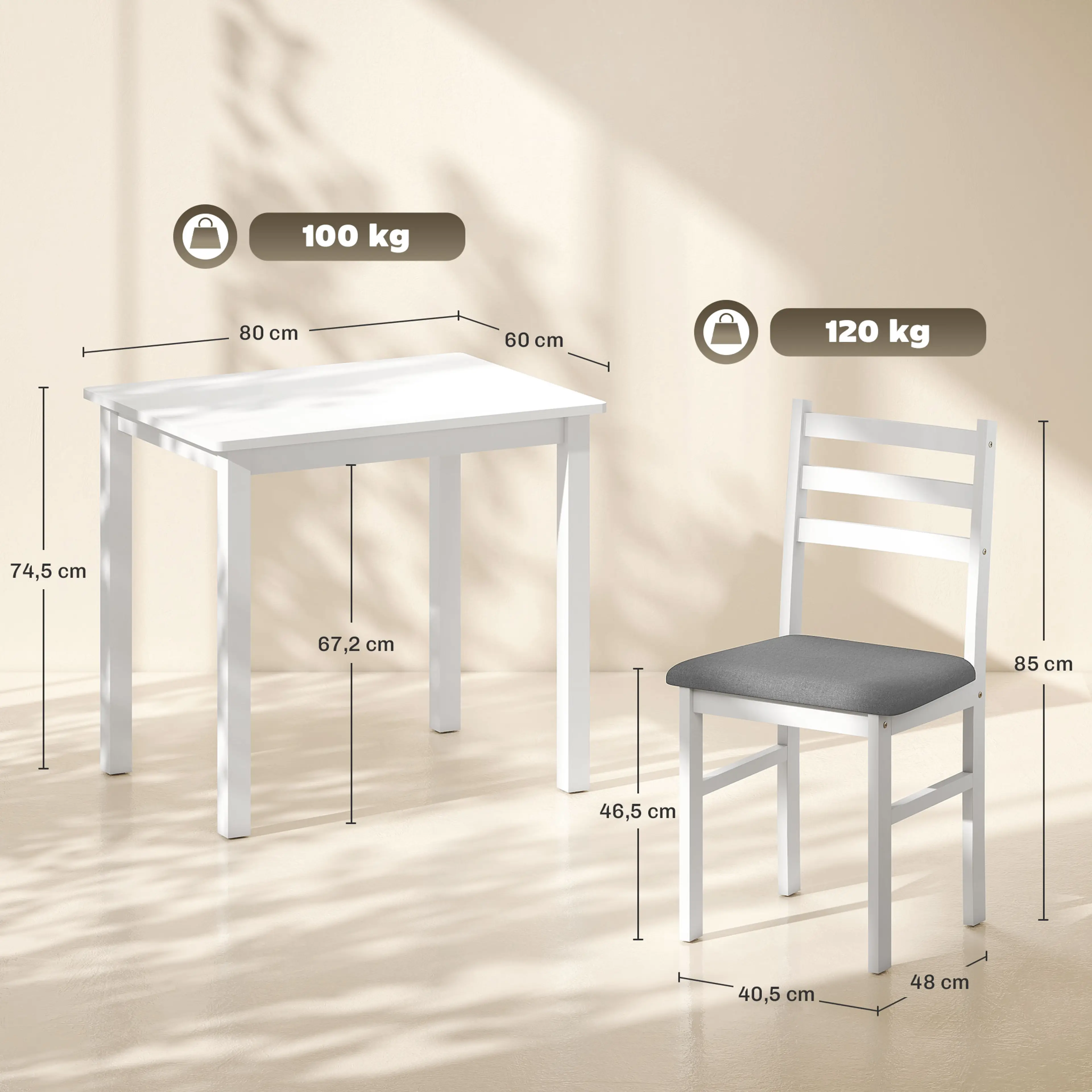 Måttskiss: bordet 80 × 60 × 74,5 cm, stolen 40,5 × 48 × 85 cm, maxlast 100 respektive 120 kg